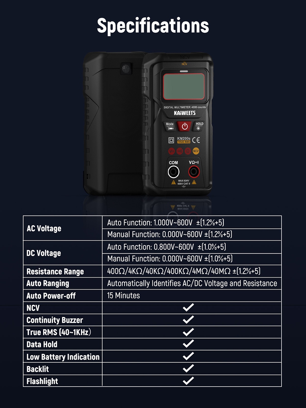 KAIWEETS KM200s Smart Digital Multimeter, 4000 Counts True RMS, 600V AC/DC Voltage, Resistance & Continuity Test, Auto/Manual Ranging, NCV Detection, Backlit LCD, Built-in Flashlight, CAT II 600V