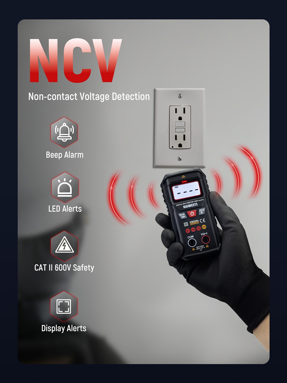 KAIWEETS KM200s Smart Digital Multimeter, 4000 Counts True RMS, 600V AC/DC Voltage, Resistance & Continuity Test, Auto/Manual Ranging, NCV Detection, Backlit LCD, Built-in Flashlight, CAT II 600V