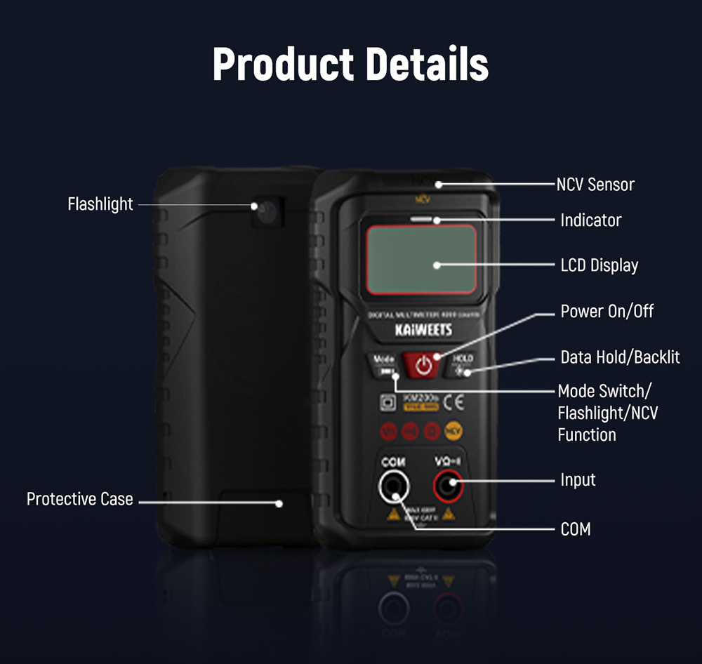 KAIWEETS KM200s Smart Digital Multimeter, 4000 Counts True RMS, 600V AC/DC Voltage, Resistance & Continuity Test, Auto/Manual Ranging, NCV Detection, Backlit LCD, Built-in Flashlight, CAT II 600V