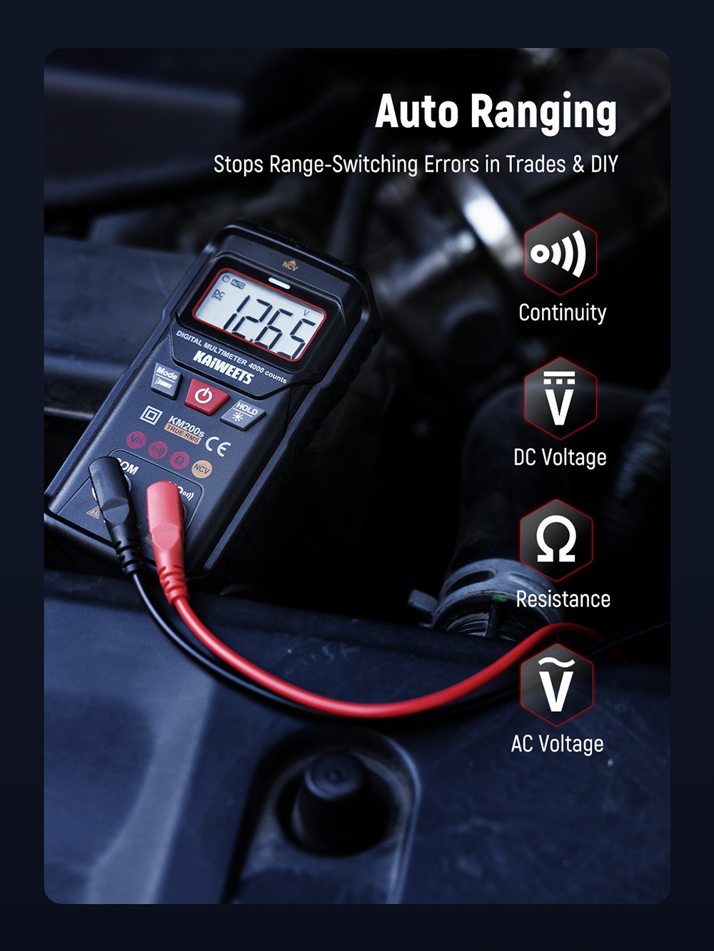 KAIWEETS KM200s Smart Digital Multimeter, 4000 Counts True RMS, 600V AC/DC Voltage, Resistance & Continuity Test, Auto/Manual Ranging, NCV Detection, Backlit LCD, Built-in Flashlight, CAT II 600V