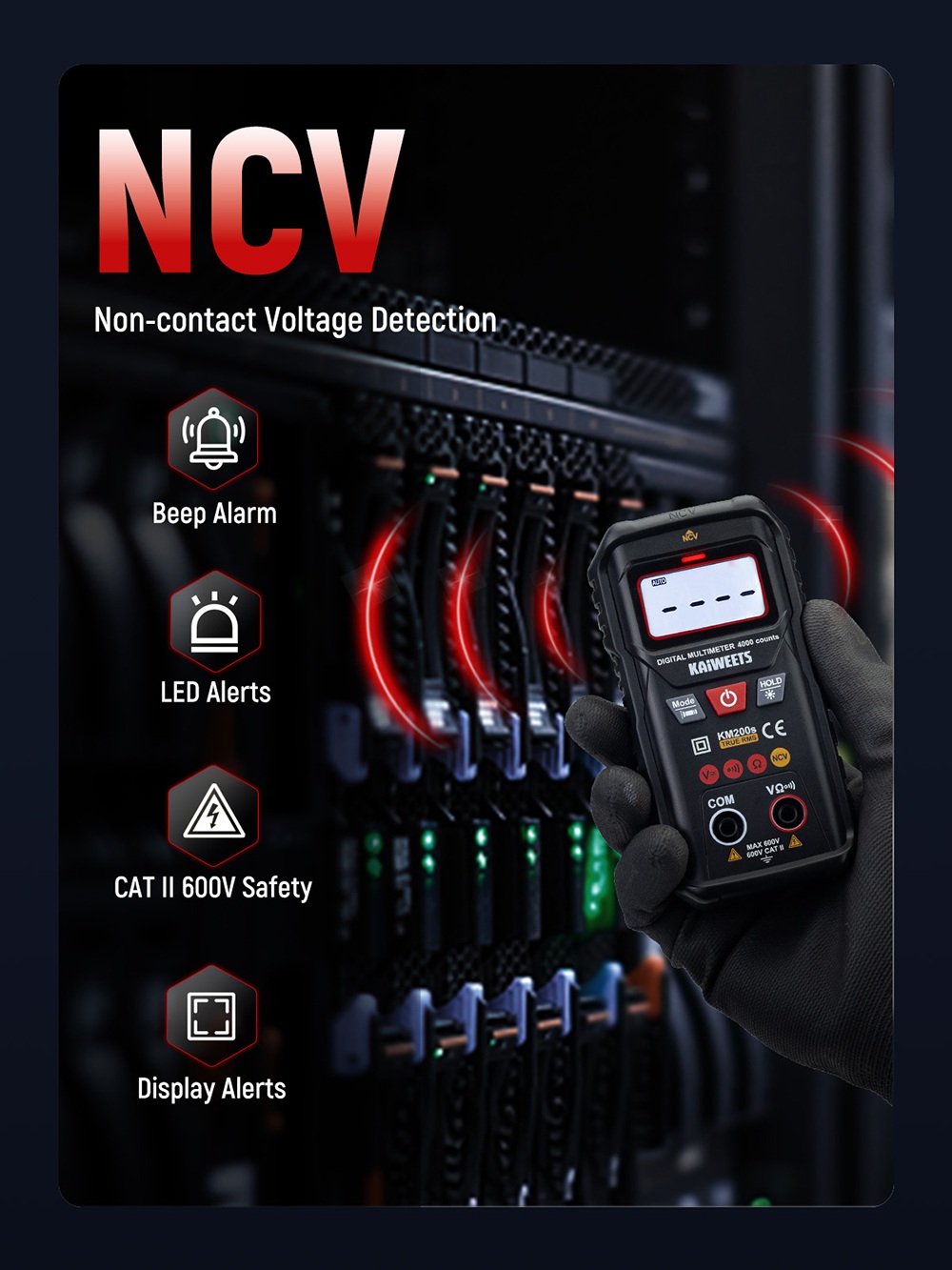 KAIWEETS KM200s Smart Digital Multimeter, 4000 Counts True RMS, 600V AC/DC Voltage, Resistance & Continuity Test, Auto/Manual Ranging, NCV Detection, Backlit LCD, Built-in Flashlight, CAT II 600V