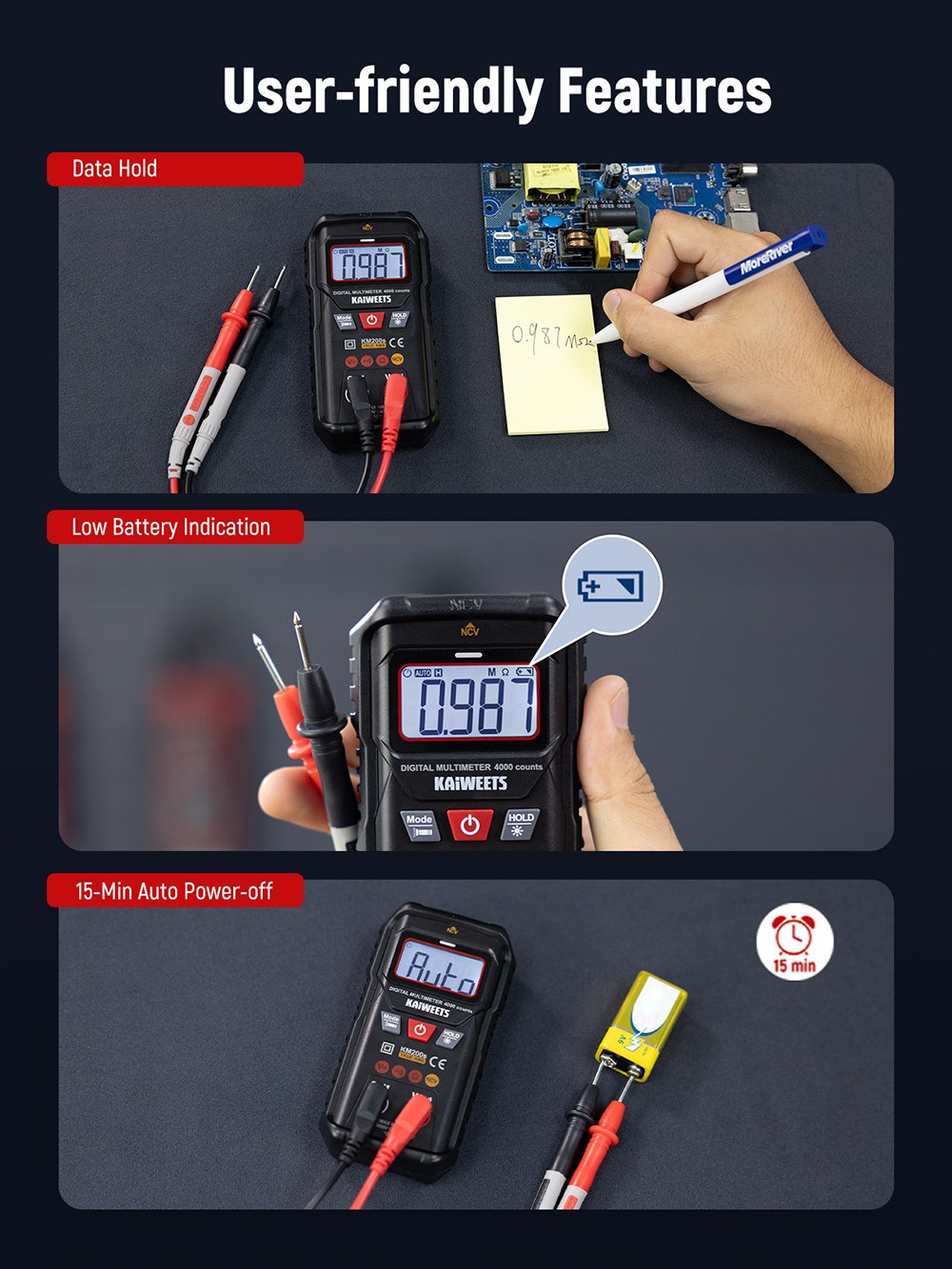 KAIWEETS KM200s Smart Digital Multimeter, 4000 Counts True RMS, 600V AC/DC Voltage, Resistance & Continuity Test, Auto/Manual Ranging, NCV Detection, Backlit LCD, Built-in Flashlight, CAT II 600V