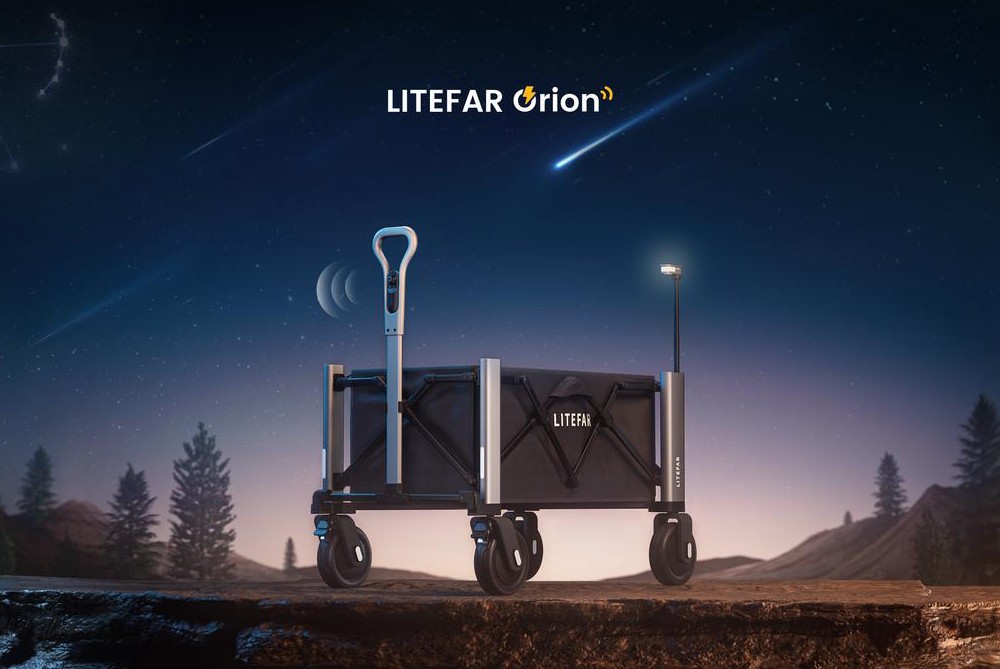 Chariot électrique télécommandé LITEFAR Orion, moteur silencieux de 500 W intégré au moyeu, capacité de chargement de 150 L, roues tout-terrain en caoutchouc plein de 7,5 pouces avec freins, batterie de 24 000 mAh, autonomie de 12 km, marche avant et arrière, châssis pliable en aluminium – Noir