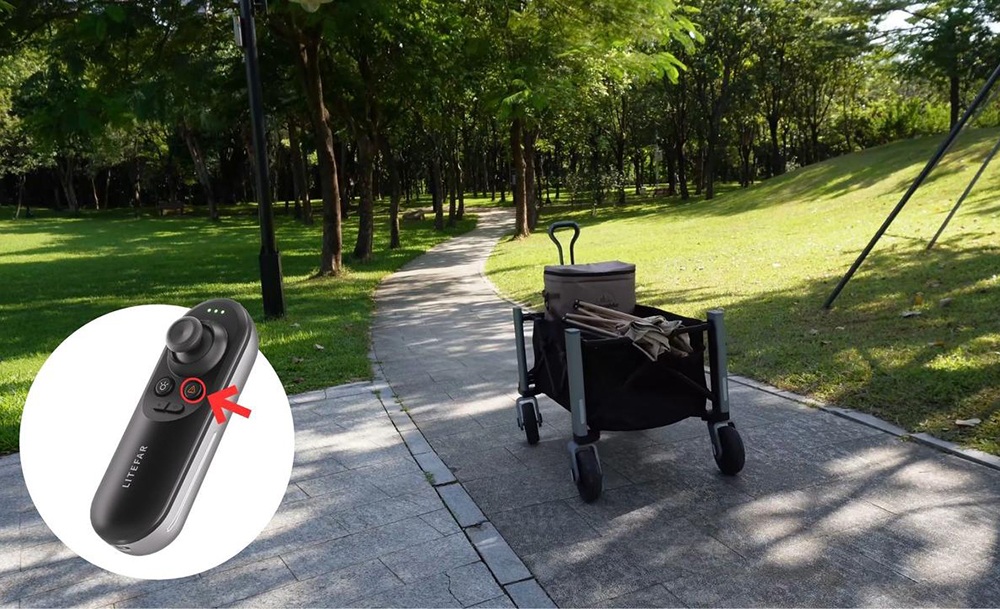 Chariot électrique télécommandé LITEFAR Orion, moteur silencieux de 500 W intégré au moyeu, capacité de chargement de 150 L, roues tout-terrain en caoutchouc plein de 7,5 pouces avec freins, batterie de 24 000 mAh, autonomie de 12 km, marche avant et arrière, châssis pliable en aluminium – Noir