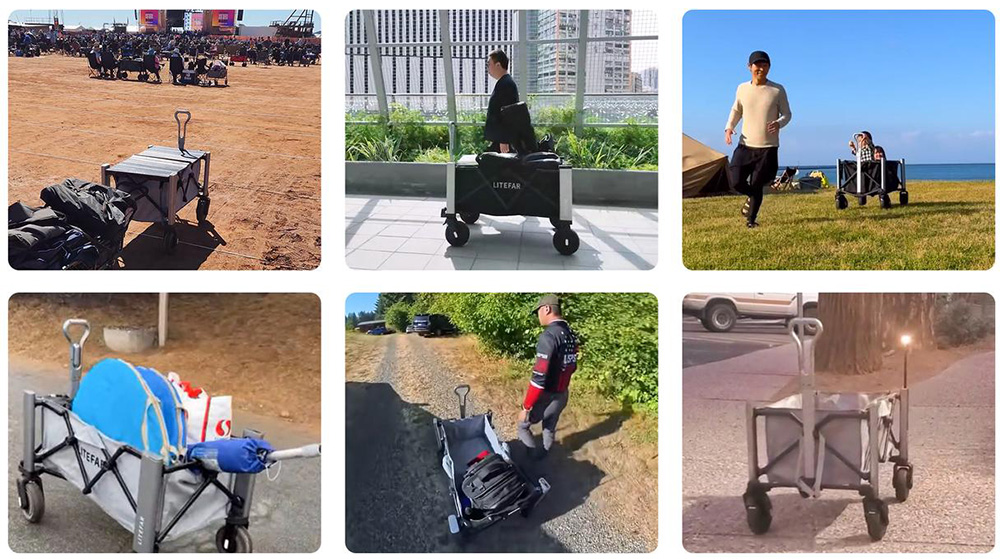 Chariot électrique télécommandé LITEFAR Orion, moteur silencieux de 500 W intégré au moyeu, capacité de chargement de 150 L, roues tout-terrain en caoutchouc plein de 7,5 pouces avec freins, batterie de 24 000 mAh, autonomie de 12 km, marche avant et arrière, châssis pliable en aluminium – Noir