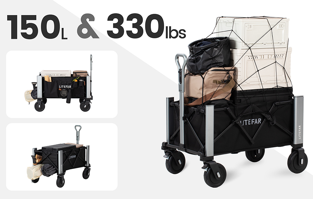 Chariot électrique télécommandé LITEFAR Orion, moteur silencieux de 500 W intégré au moyeu, capacité de chargement de 150 L, roues tout-terrain en caoutchouc plein de 7,5 pouces avec freins, batterie de 24 000 mAh, autonomie de 12 km, marche avant et arrière, châssis pliable en aluminium – Noir