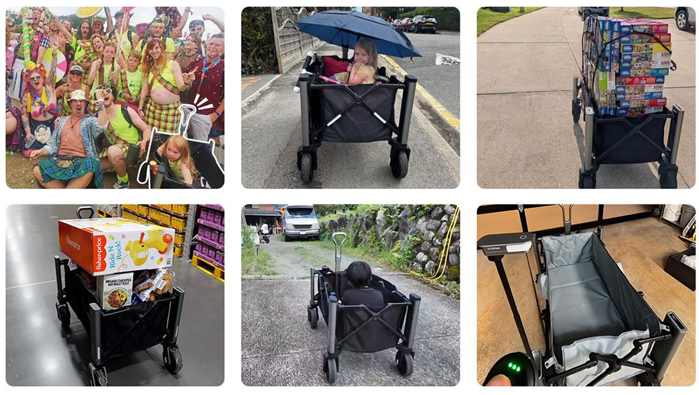 Chariot électrique télécommandé LITEFAR Orion, moteur silencieux de 500 W intégré au moyeu, capacité de chargement de 150 L, roues tout-terrain en caoutchouc plein de 7,5 pouces avec freins, batterie de 24 000 mAh, autonomie de 12 km, marche avant et arrière, châssis pliable en aluminium – Noir