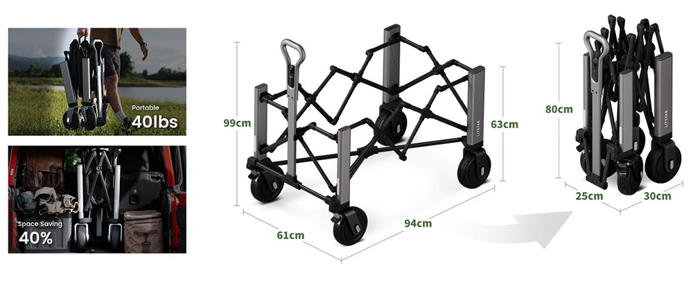 Chariot électrique télécommandé LITEFAR Orion, moteur silencieux de 500 W intégré au moyeu, capacité de chargement de 150 L, roues tout-terrain en caoutchouc plein de 7,5 pouces avec freins, batterie de 24 000 mAh, autonomie de 12 km, marche avant et arrière, châssis pliable en aluminium – Noir
