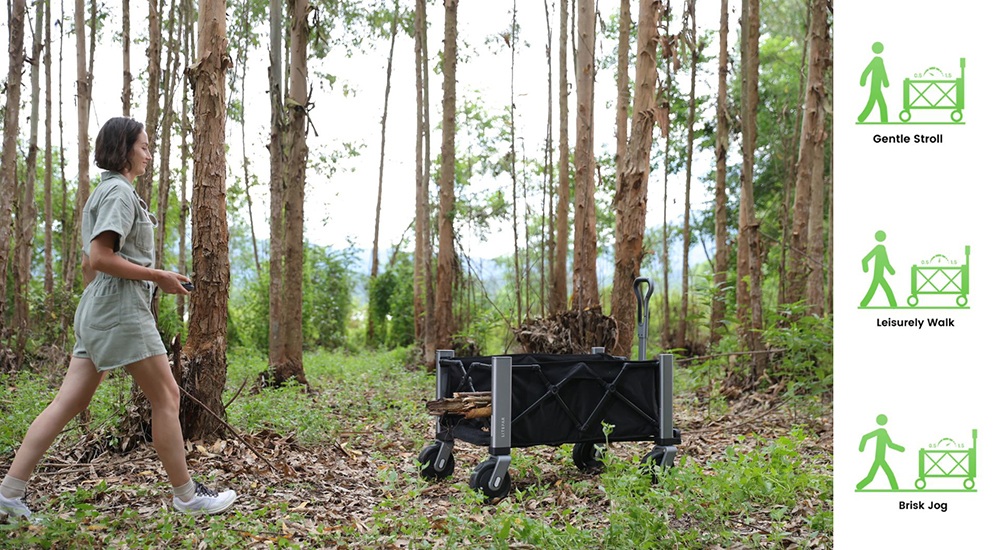 Chariot électrique télécommandé LITEFAR Orion, moteur silencieux de 500 W intégré au moyeu, capacité de chargement de 150 L, roues tout-terrain en caoutchouc plein de 7,5 pouces avec freins, batterie de 24 000 mAh, autonomie de 12 km, marche avant et arrière, châssis pliable en aluminium – Noir