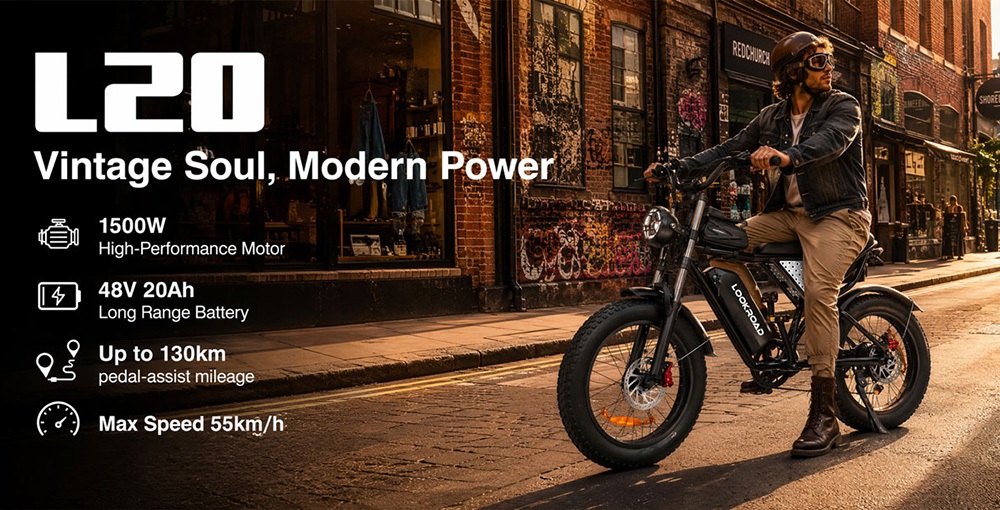 LOOKROAD L20 Elektrofahrrad, 1500-W-Motor, herausnehmbarer 48-V-20-Ah-Akku, 55 km/h Höchstgeschwindigkeit, 130 km Reichweite, 20-Zoll-Fatbike-Reifen, Shimano 7-Gang-Schaltung, Dual-Federung, hydraulische Scheibenbremsen, LCD-Display, Retro-Design