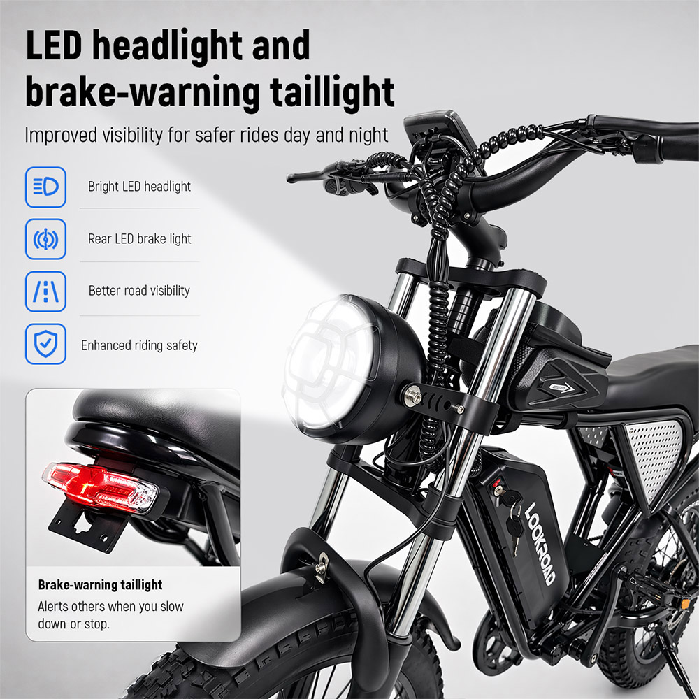 LOOKROAD L20 Elektrofahrrad, 1500-W-Motor, herausnehmbarer 48-V-20-Ah-Akku, 55 km/h Höchstgeschwindigkeit, 130 km Reichweite, 20-Zoll-Fatbike-Reifen, Shimano 7-Gang-Schaltung, Dual-Federung, hydraulische Scheibenbremsen, LCD-Display, Retro-Design