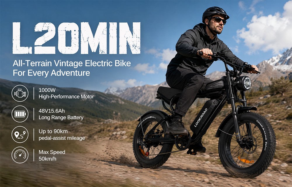 LOOKROAD L20 MIN Elektrofahrrad, 1000-W-Motor, 48-V-15,6-Ah-Akku, 50 km/h Höchstgeschwindigkeit, 90 km Reichweite, 20×4,0-Zoll-Fatbike-Reifen, Shimano 7-Gang-Schaltung, Federgabel, mechanische Scheibenbremsen, LCD-Display