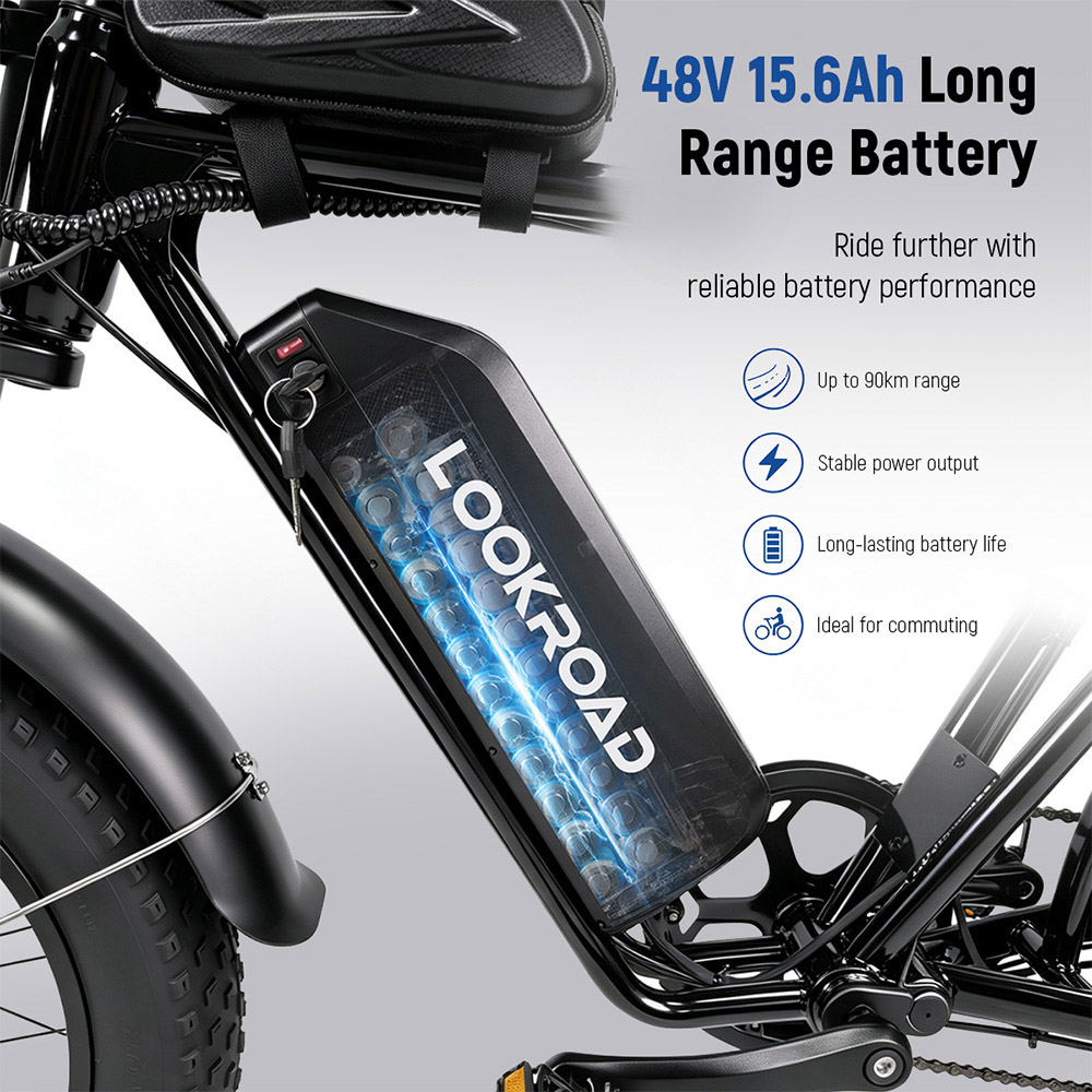 LOOKROAD L20 MIN Elektrofahrrad, 1000-W-Motor, 48-V-15,6-Ah-Akku, 50 km/h Höchstgeschwindigkeit, 90 km Reichweite, 20×4,0-Zoll-Fatbike-Reifen, Shimano 7-Gang-Schaltung, Federgabel, mechanische Scheibenbremsen, LCD-Display