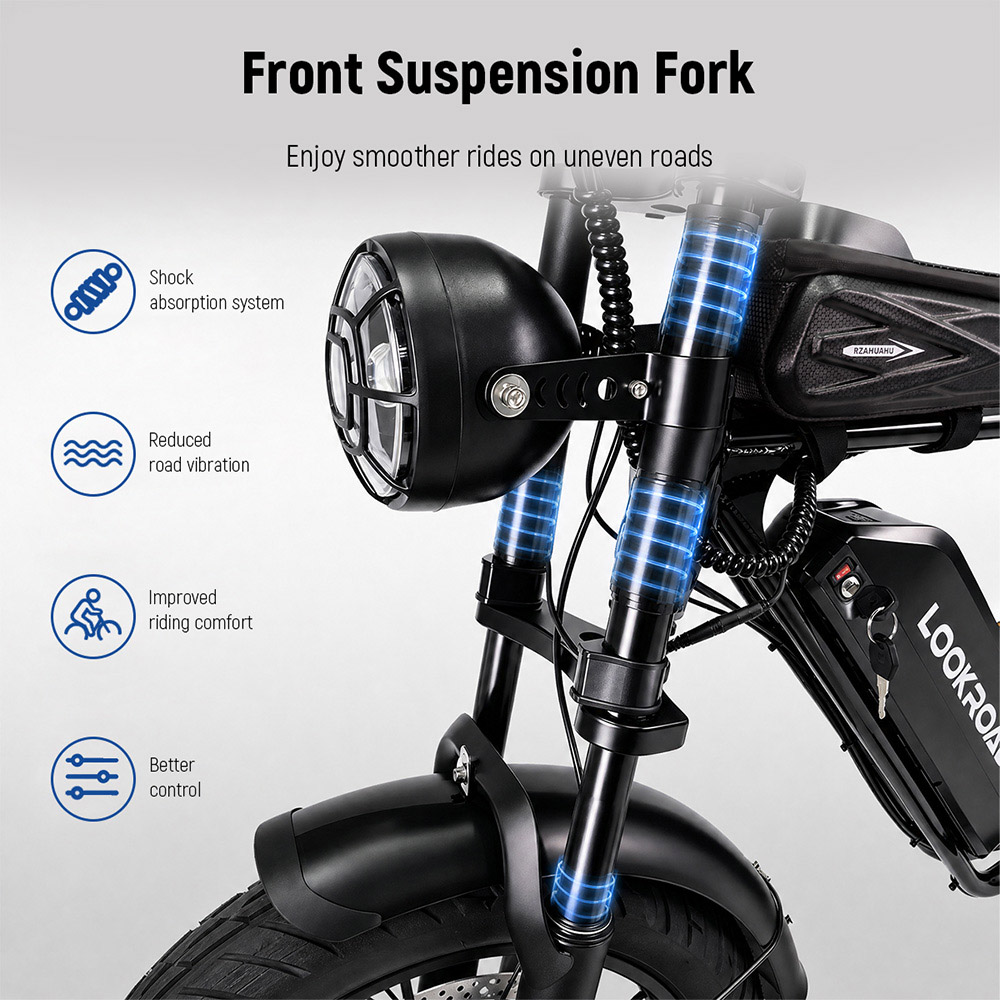 LOOKROAD L20 MIN Elektrofahrrad, 1000-W-Motor, 48-V-15,6-Ah-Akku, 50 km/h Höchstgeschwindigkeit, 90 km Reichweite, 20×4,0-Zoll-Fatbike-Reifen, Shimano 7-Gang-Schaltung, Federgabel, mechanische Scheibenbremsen, LCD-Display