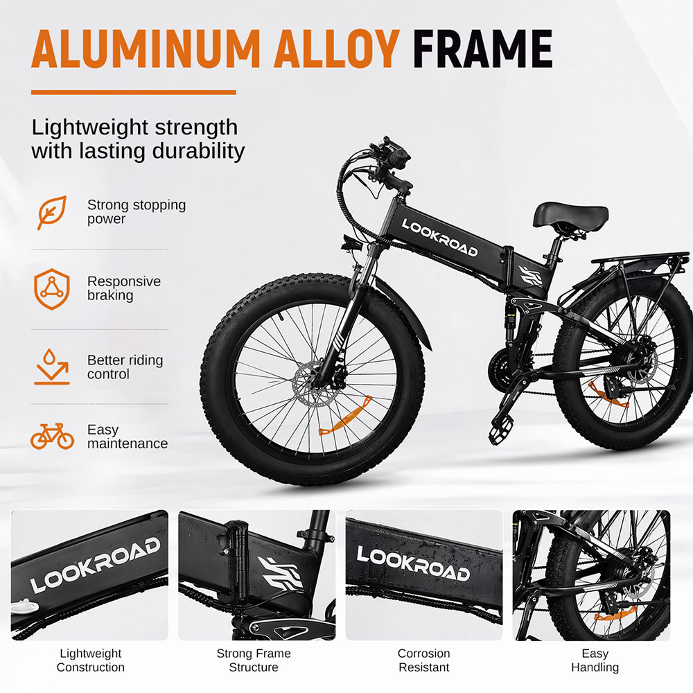 LOOKROAD L26 Faltbares Elektrofahrrad, 1000-W-Hinterradnabenmotor, herausnehmbarer 48-V-15-Ah-Akku, 60 km/h Höchstgeschwindigkeit, 90 km Reichweite, 26×4,0-Fatbike-Reifen, LCD-Display und Gepäckträger, Shimano 21-Gang-Schaltung, Vollfederung