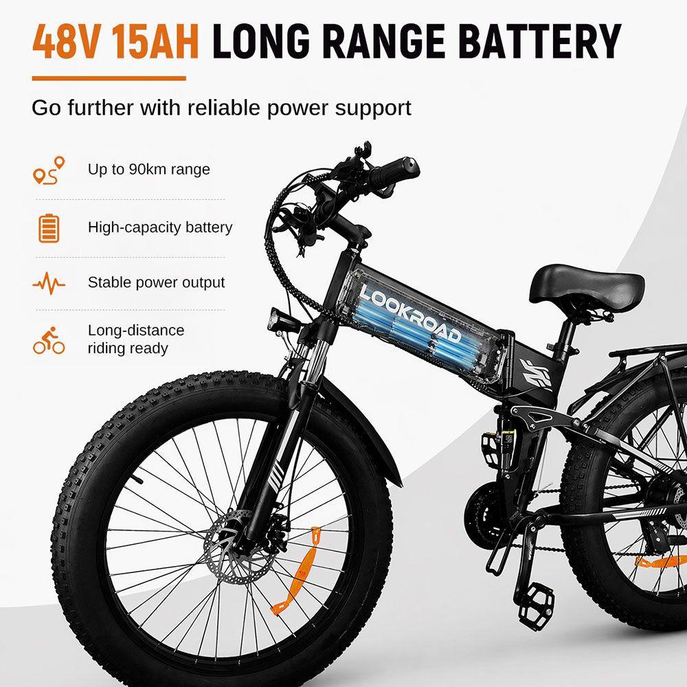 LOOKROAD L26 Faltbares Elektrofahrrad, 1000-W-Hinterradnabenmotor, herausnehmbarer 48-V-15-Ah-Akku, 60 km/h Höchstgeschwindigkeit, 90 km Reichweite, 26×4,0-Fatbike-Reifen, LCD-Display und Gepäckträger, Shimano 21-Gang-Schaltung, Vollfederung
