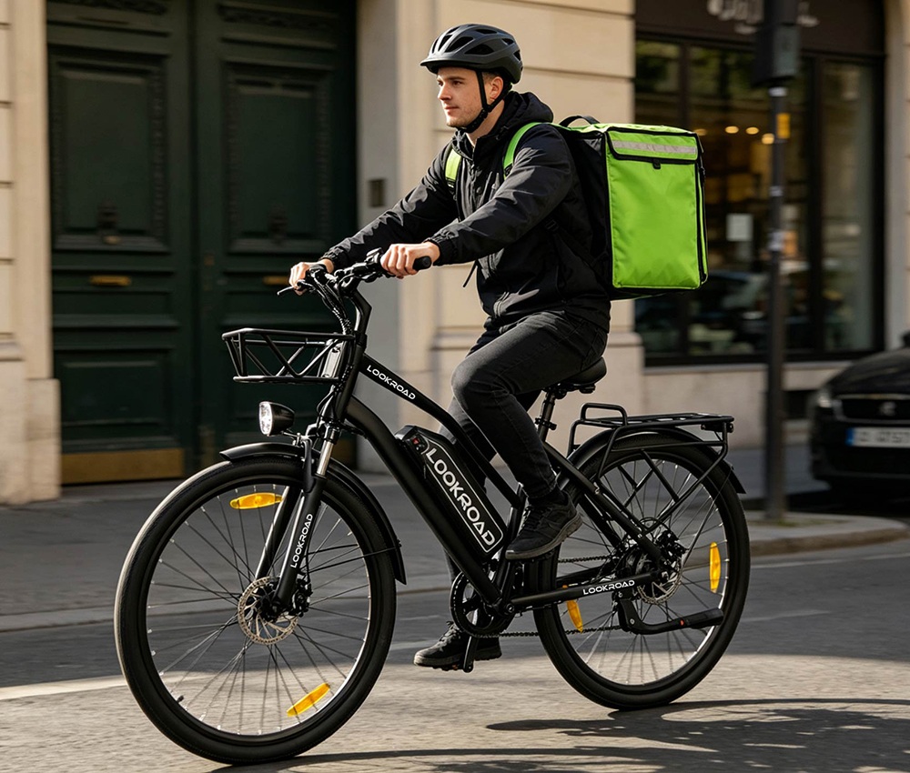 Vélo électrique LOOKROAD L28, moteur 500 W, batterie 36 V 23 Ah, vitesse maximale 35 km/h, autonomie 140 km, pneus 28 pouces, transmission Shimano 7 vitesses, freins à disque hydrauliques, suspension avant, écran LCD couleur, panier avant et porte-bagages arrière - Noir