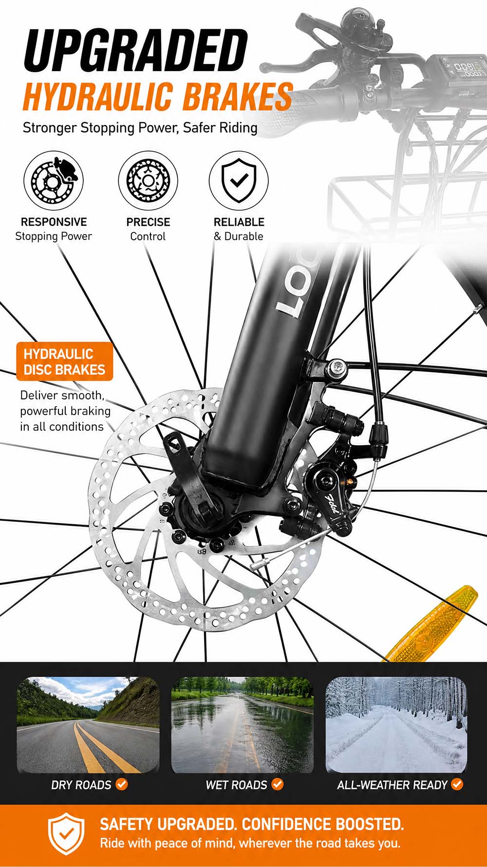 Vélo électrique LOOKROAD L28, moteur 500 W, batterie 36 V 23 Ah, vitesse maximale 35 km/h, autonomie 140 km, pneus 28 pouces, transmission Shimano 7 vitesses, freins à disque hydrauliques, suspension avant, écran LCD couleur, panier avant et porte-bagages arrière - Noir
