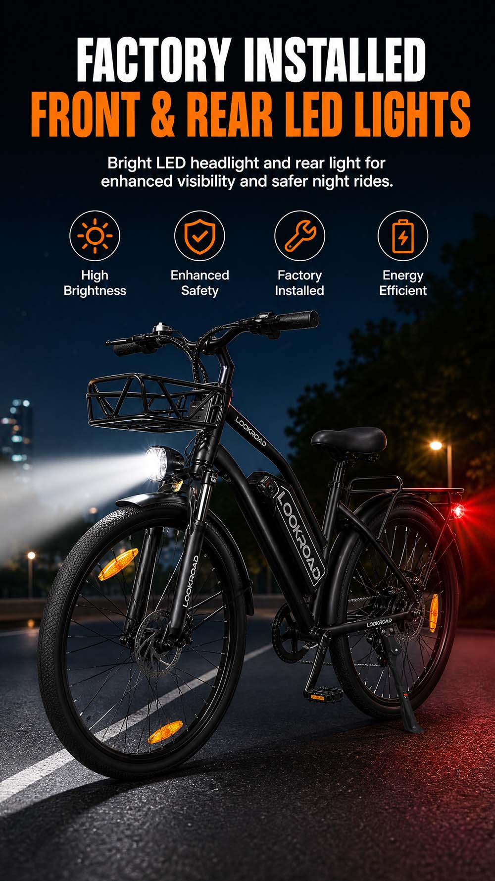 Vélo électrique LOOKROAD L28, moteur 500 W, batterie 36 V 23 Ah, vitesse maximale 35 km/h, autonomie 140 km, pneus 28 pouces, transmission Shimano 7 vitesses, freins à disque hydrauliques, suspension avant, écran LCD couleur, panier avant et porte-bagages arrière - Noir