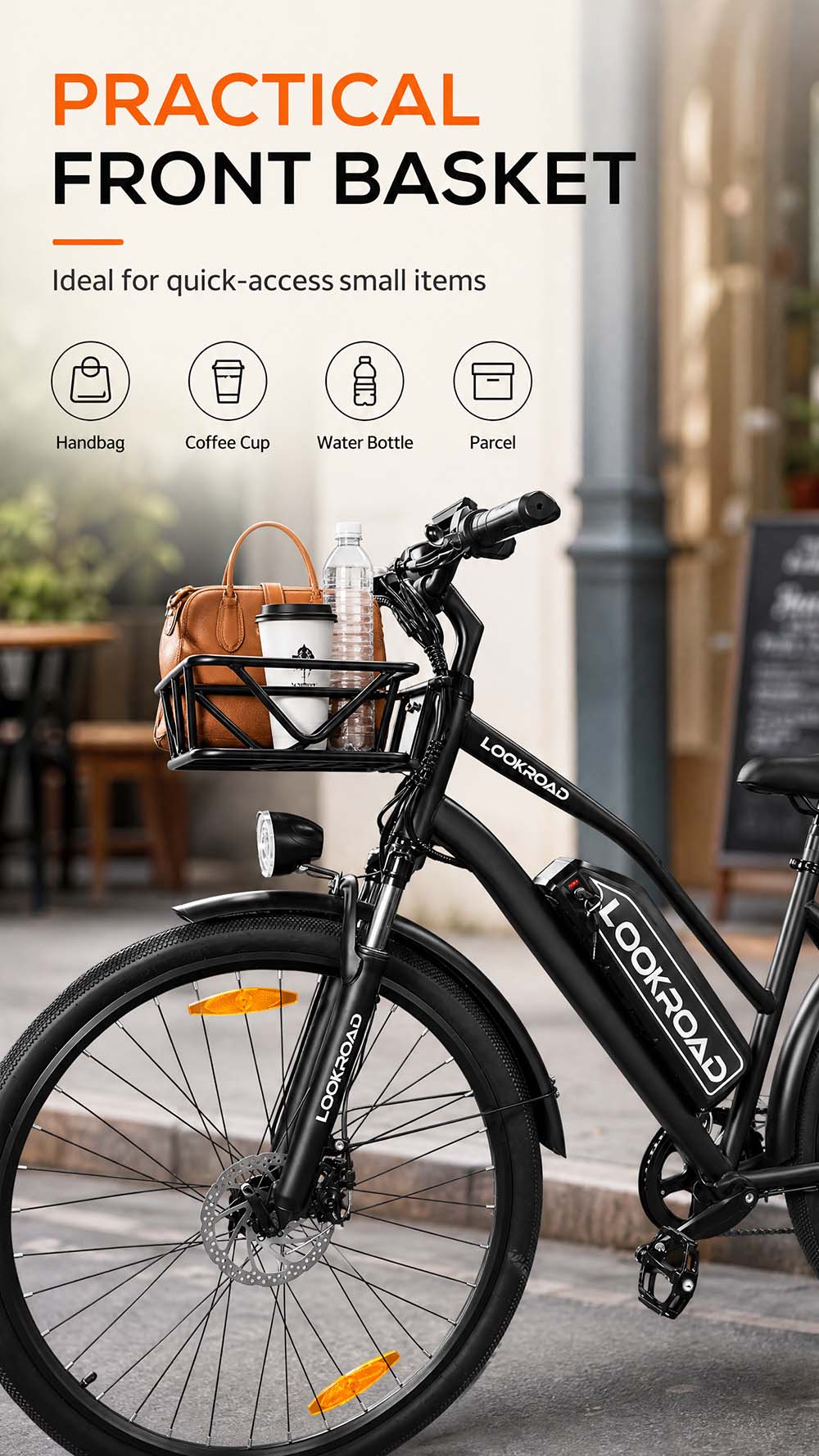 Vélo électrique LOOKROAD L28, moteur 500 W, batterie 36 V 23 Ah, vitesse maximale 35 km/h, autonomie 140 km, pneus 28 pouces, transmission Shimano 7 vitesses, freins à disque hydrauliques, suspension avant, écran LCD couleur, panier avant et porte-bagages arrière - Noir