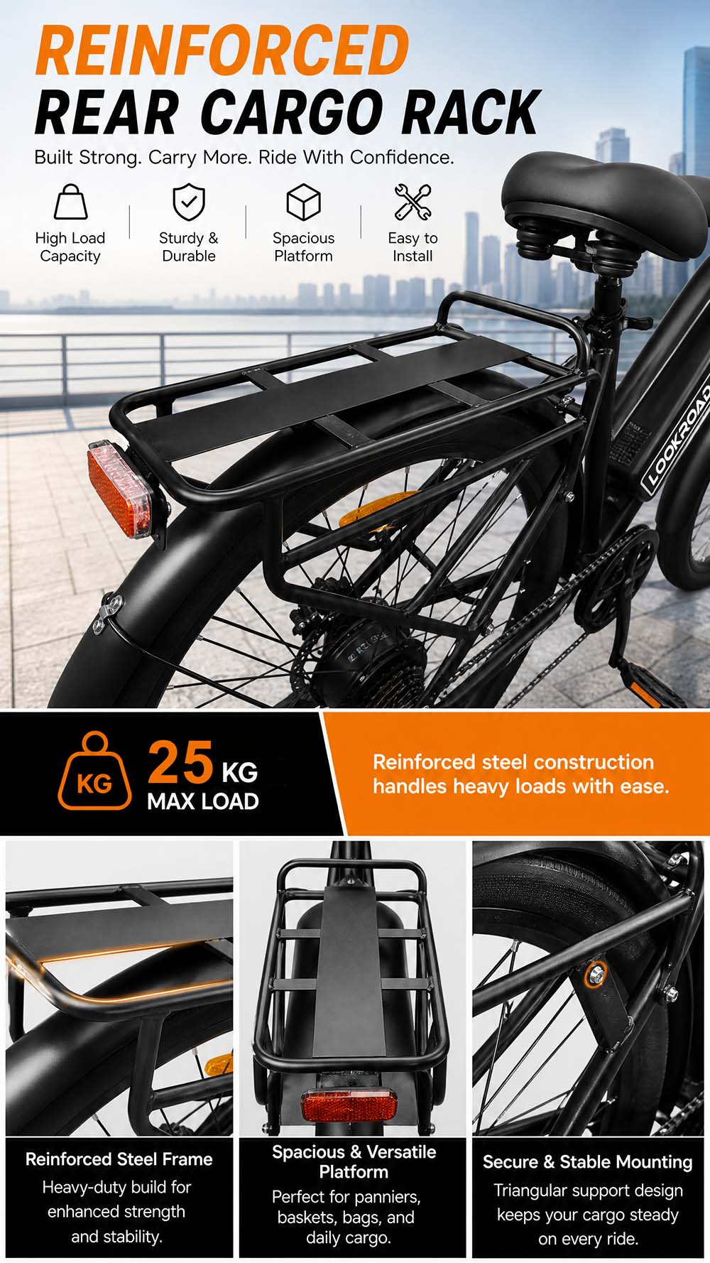 Vélo électrique LOOKROAD L28, moteur 500 W, batterie 36 V 23 Ah, vitesse maximale 35 km/h, autonomie 140 km, pneus 28 pouces, transmission Shimano 7 vitesses, freins à disque hydrauliques, suspension avant, écran LCD couleur, panier avant et porte-bagages arrière - Noir