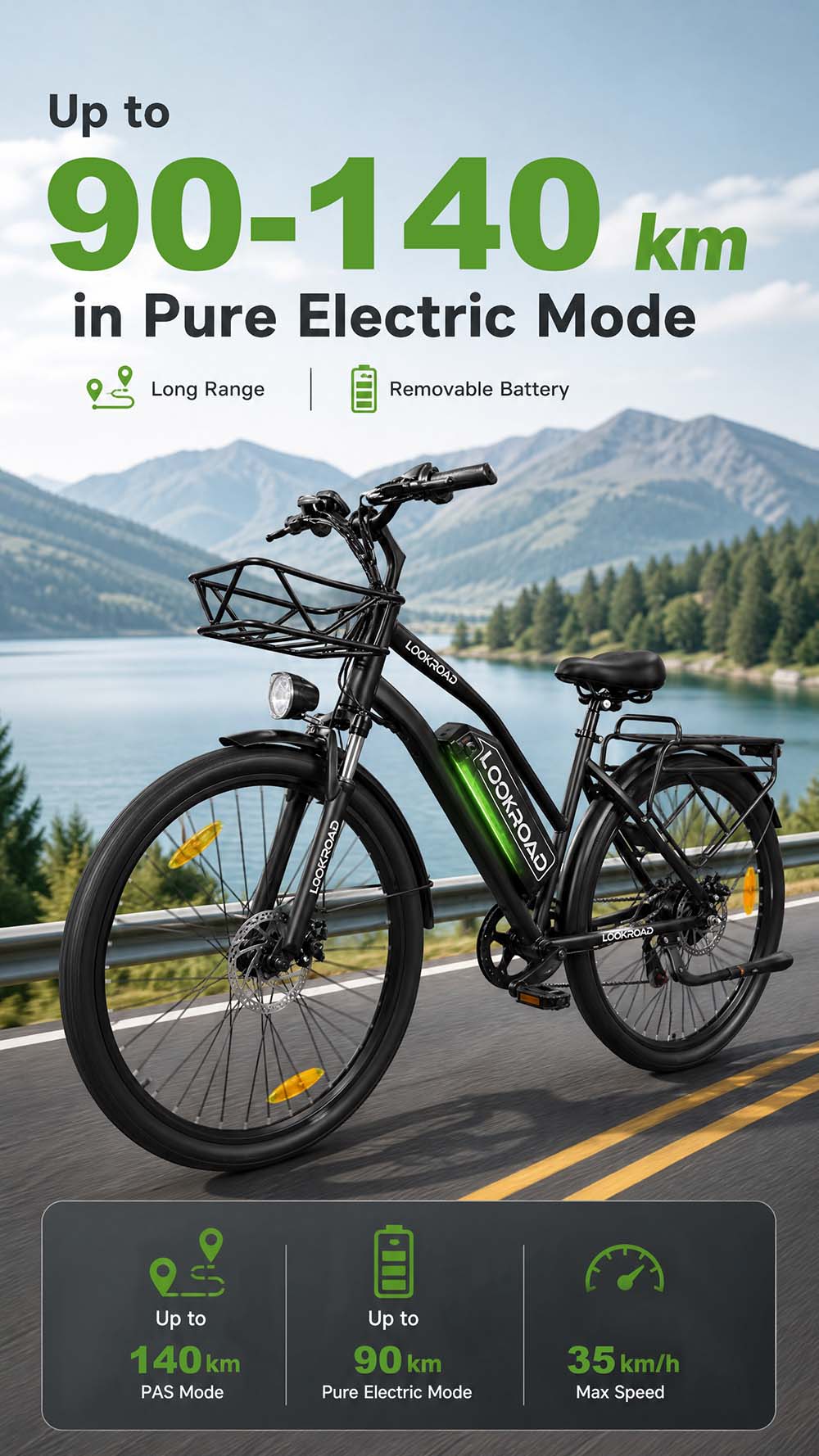Vélo électrique LOOKROAD L28, moteur 500 W, batterie 36 V 23 Ah, vitesse maximale 35 km/h, autonomie 140 km, pneus 28 pouces, transmission Shimano 7 vitesses, freins à disque hydrauliques, suspension avant, écran LCD couleur, panier avant et porte-bagages arrière - Noir