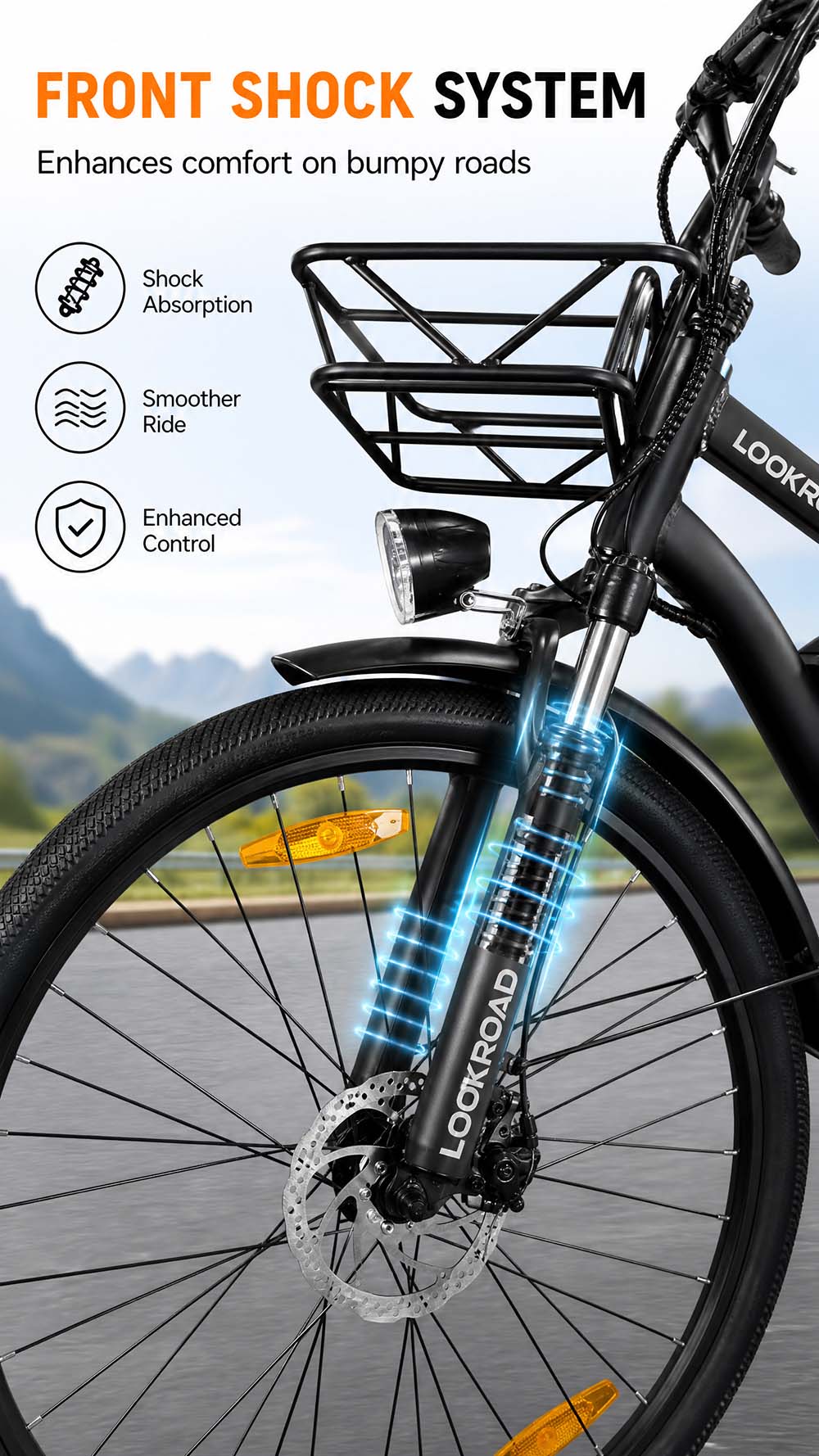 Vélo électrique LOOKROAD L28, moteur 500 W, batterie 36 V 23 Ah, vitesse maximale 35 km/h, autonomie 140 km, pneus 28 pouces, transmission Shimano 7 vitesses, freins à disque hydrauliques, suspension avant, écran LCD couleur, panier avant et porte-bagages arrière - Noir