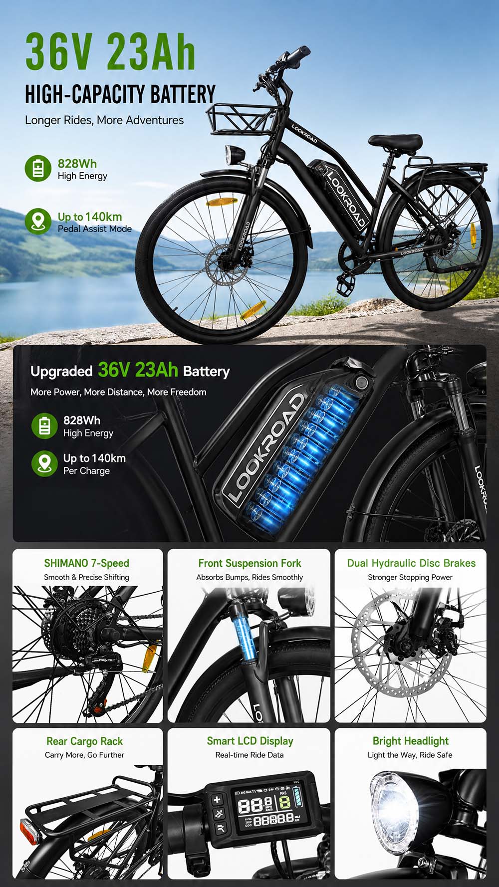 Vélo électrique LOOKROAD L28, moteur 500 W, batterie 36 V 23 Ah, vitesse maximale 35 km/h, autonomie 140 km, pneus 28 pouces, transmission Shimano 7 vitesses, freins à disque hydrauliques, suspension avant, écran LCD couleur, panier avant et porte-bagages arrière - Noir