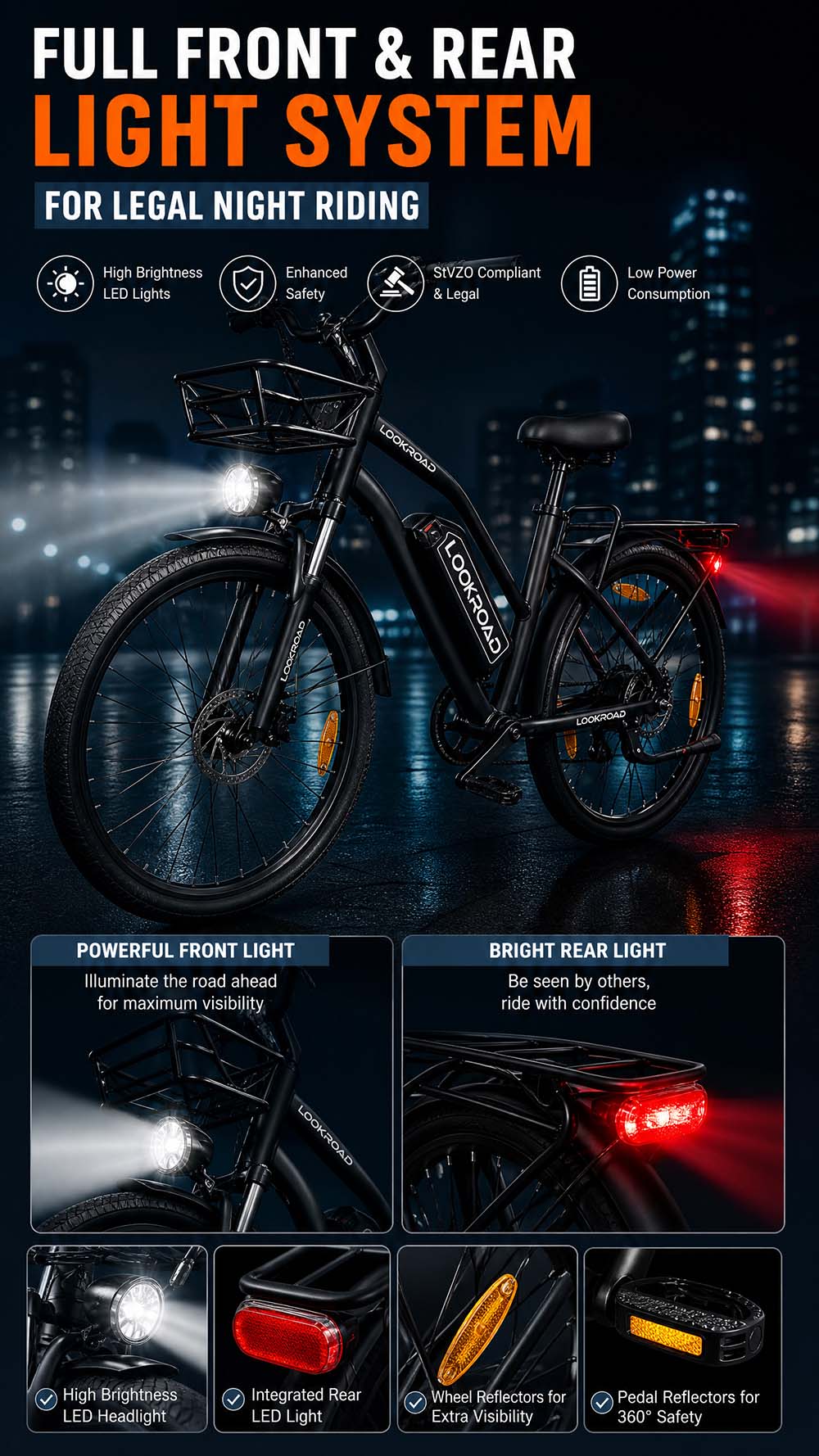 Vélo électrique LOOKROAD L28, moteur 500 W, batterie 36 V 23 Ah, vitesse maximale 35 km/h, autonomie 140 km, pneus 28 pouces, transmission Shimano 7 vitesses, freins à disque hydrauliques, suspension avant, écran LCD couleur, panier avant et porte-bagages arrière - Noir