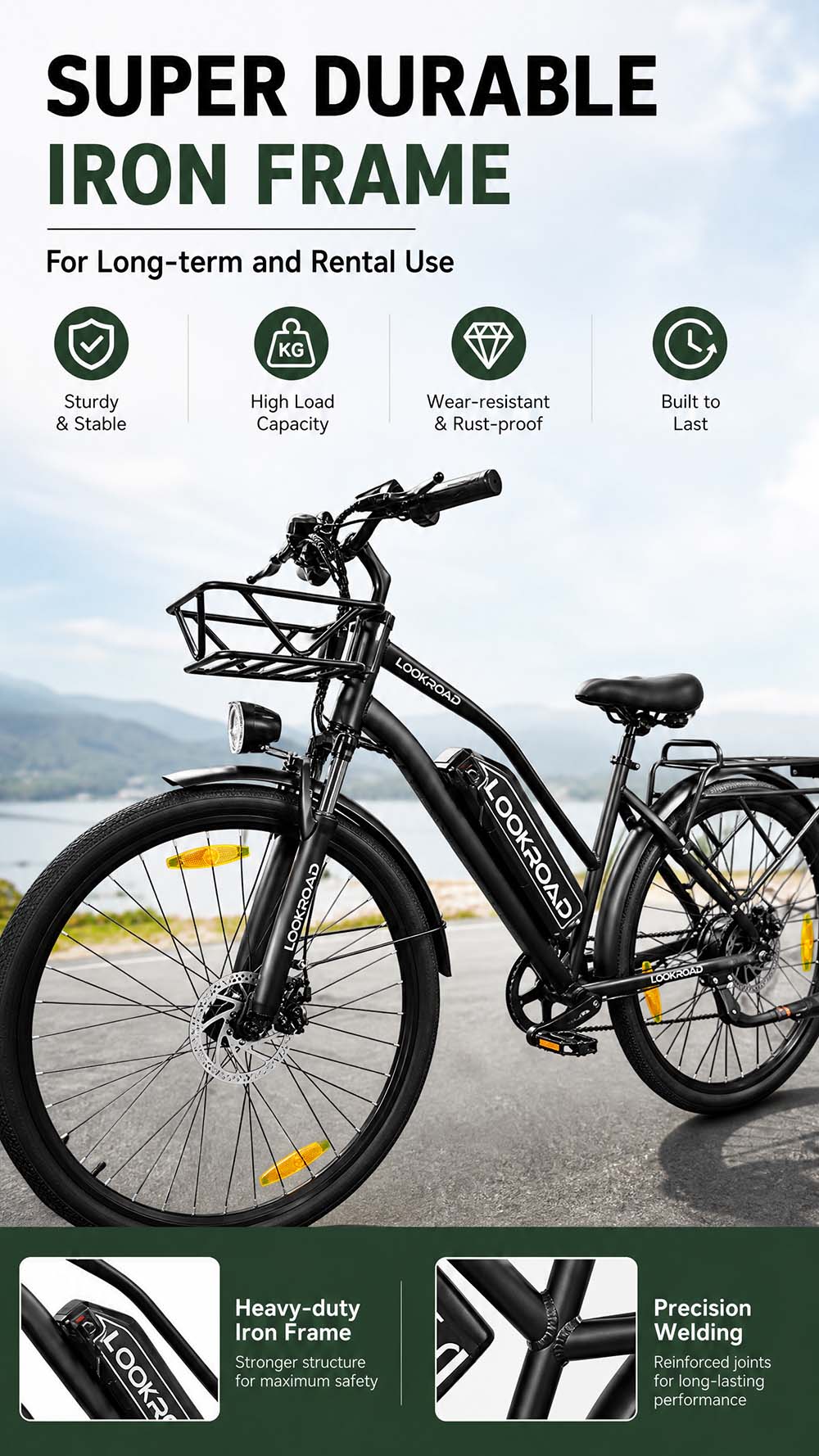 Vélo électrique LOOKROAD L28, moteur 500 W, batterie 36 V 23 Ah, vitesse maximale 35 km/h, autonomie 140 km, pneus 28 pouces, transmission Shimano 7 vitesses, freins à disque hydrauliques, suspension avant, écran LCD couleur, panier avant et porte-bagages arrière - Noir