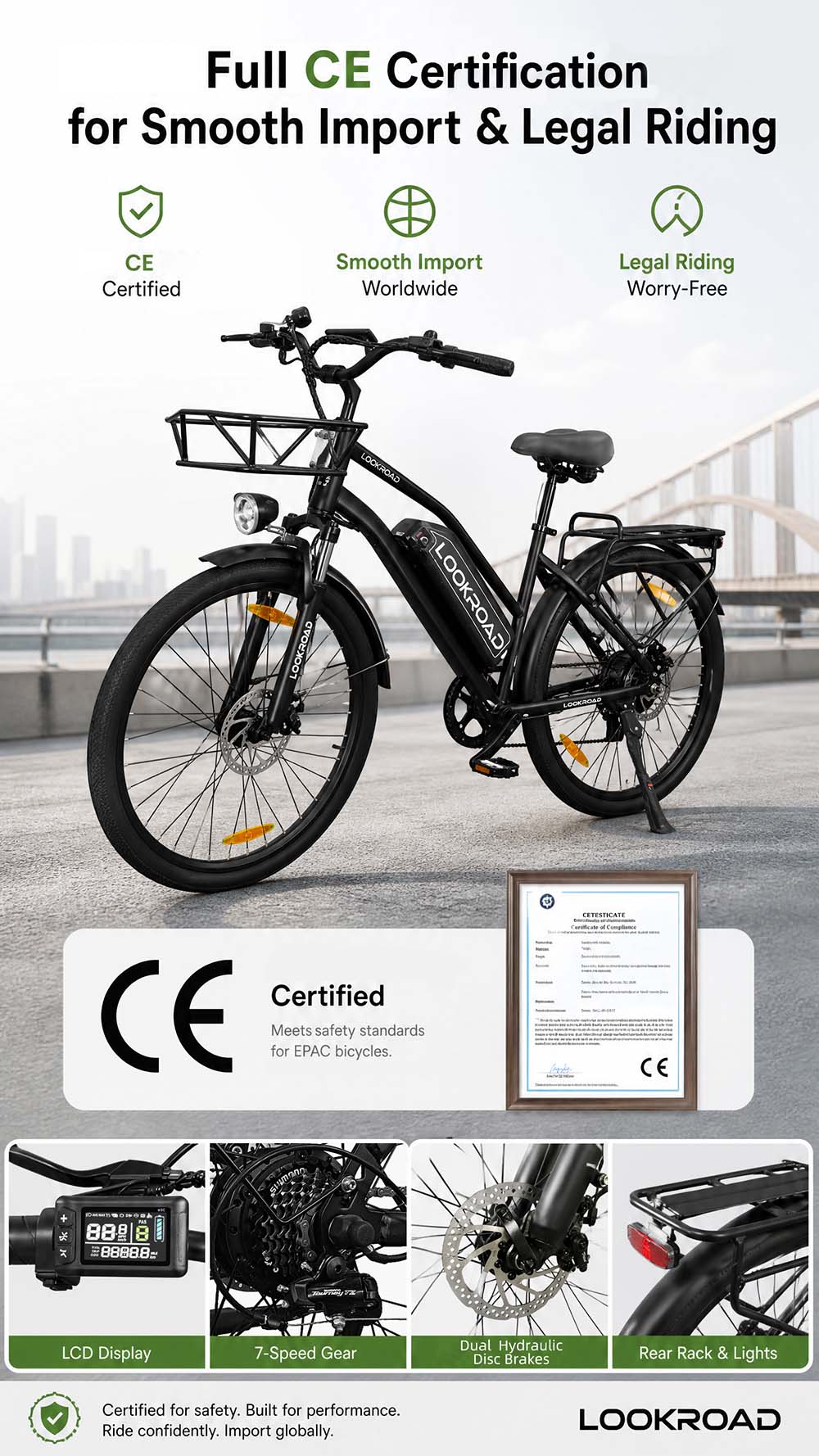 Vélo électrique LOOKROAD L28, moteur 500 W, batterie 36 V 23 Ah, vitesse maximale 35 km/h, autonomie 140 km, pneus 28 pouces, transmission Shimano 7 vitesses, freins à disque hydrauliques, suspension avant, écran LCD couleur, panier avant et porte-bagages arrière - Noir