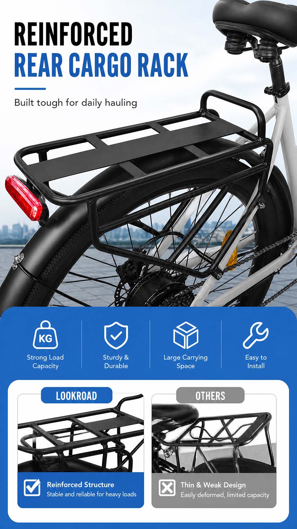 Vélo électrique LOOKROAD L28 MIN, moteur 500 W, vitesse maximale 35 km/h, batterie 36 V 18 Ah, autonomie 120 km, pneus 28 x 2,0 pouces, transmission Shimano 7 vitesses, capacité de franchissement de pentes jusqu'à 25°, freins à disque mécaniques avant et arrière - Gris