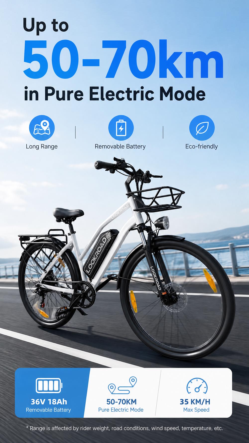 Vélo électrique LOOKROAD L28 MIN, moteur 500 W, vitesse maximale 35 km/h, batterie 36 V 18 Ah, autonomie 120 km, pneus 28 x 2,0 pouces, transmission Shimano 7 vitesses, capacité de franchissement de pentes jusqu'à 25°, freins à disque mécaniques avant et arrière - Gris