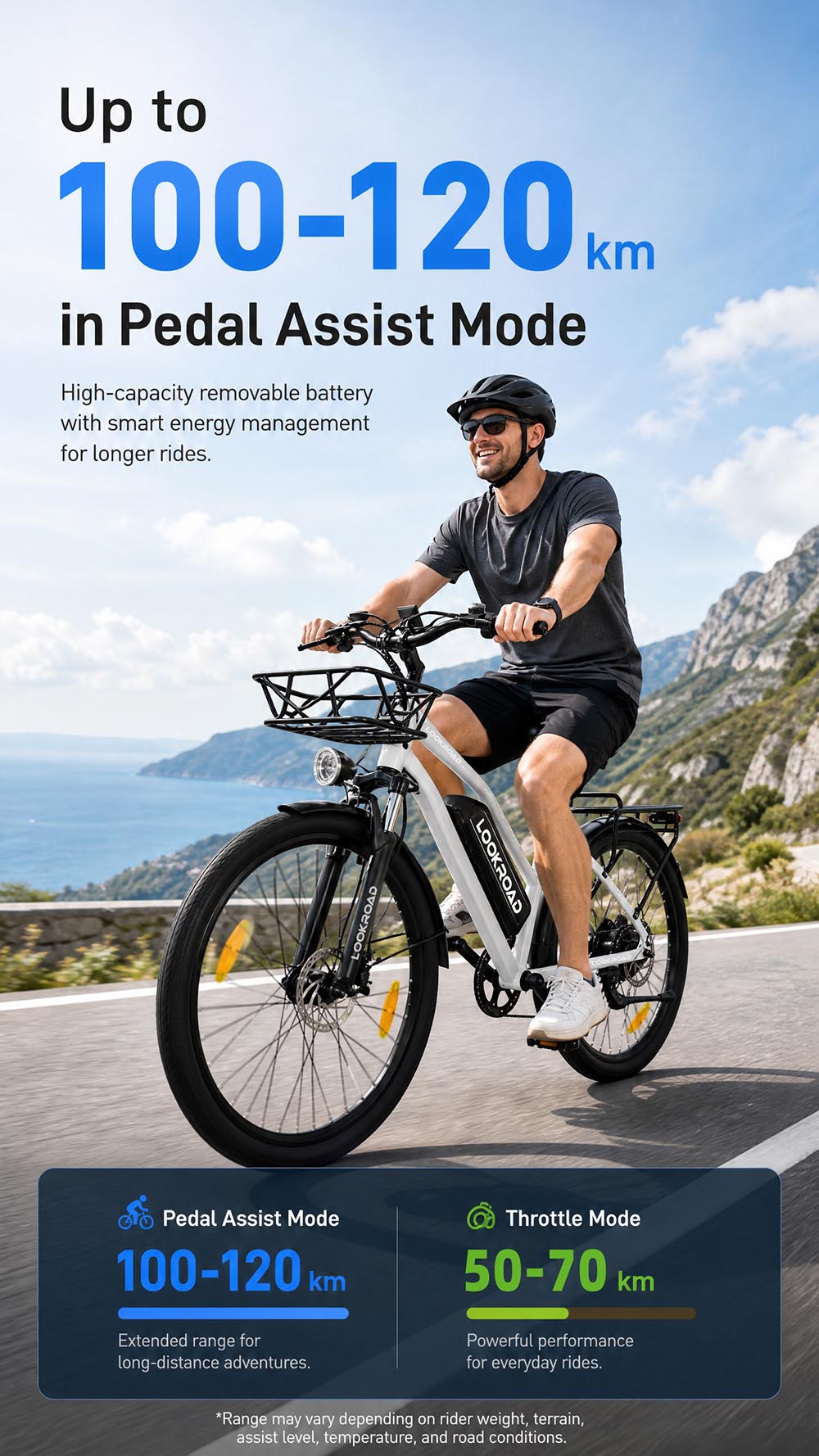Vélo électrique LOOKROAD L28 MIN, moteur 500 W, vitesse maximale 35 km/h, batterie 36 V 18 Ah, autonomie 120 km, pneus 28 x 2,0 pouces, transmission Shimano 7 vitesses, capacité de franchissement de pentes jusqu'à 25°, freins à disque mécaniques avant et arrière - Gris