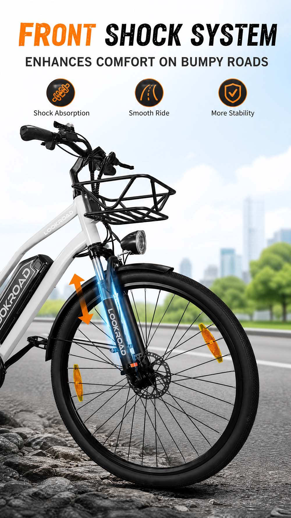Vélo électrique LOOKROAD L28 MIN, moteur 500 W, vitesse maximale 35 km/h, batterie 36 V 18 Ah, autonomie 120 km, pneus 28 x 2,0 pouces, transmission Shimano 7 vitesses, capacité de franchissement de pentes jusqu'à 25°, freins à disque mécaniques avant et arrière - Gris