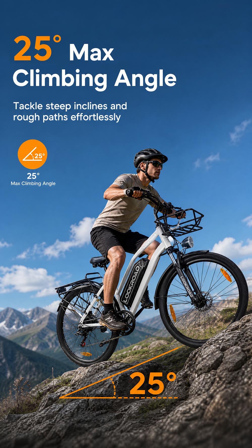 Vélo électrique LOOKROAD L28 MIN, moteur 500 W, vitesse maximale 35 km/h, batterie 36 V 18 Ah, autonomie 120 km, pneus 28 x 2,0 pouces, transmission Shimano 7 vitesses, capacité de franchissement de pentes jusqu'à 25°, freins à disque mécaniques avant et arrière - Gris