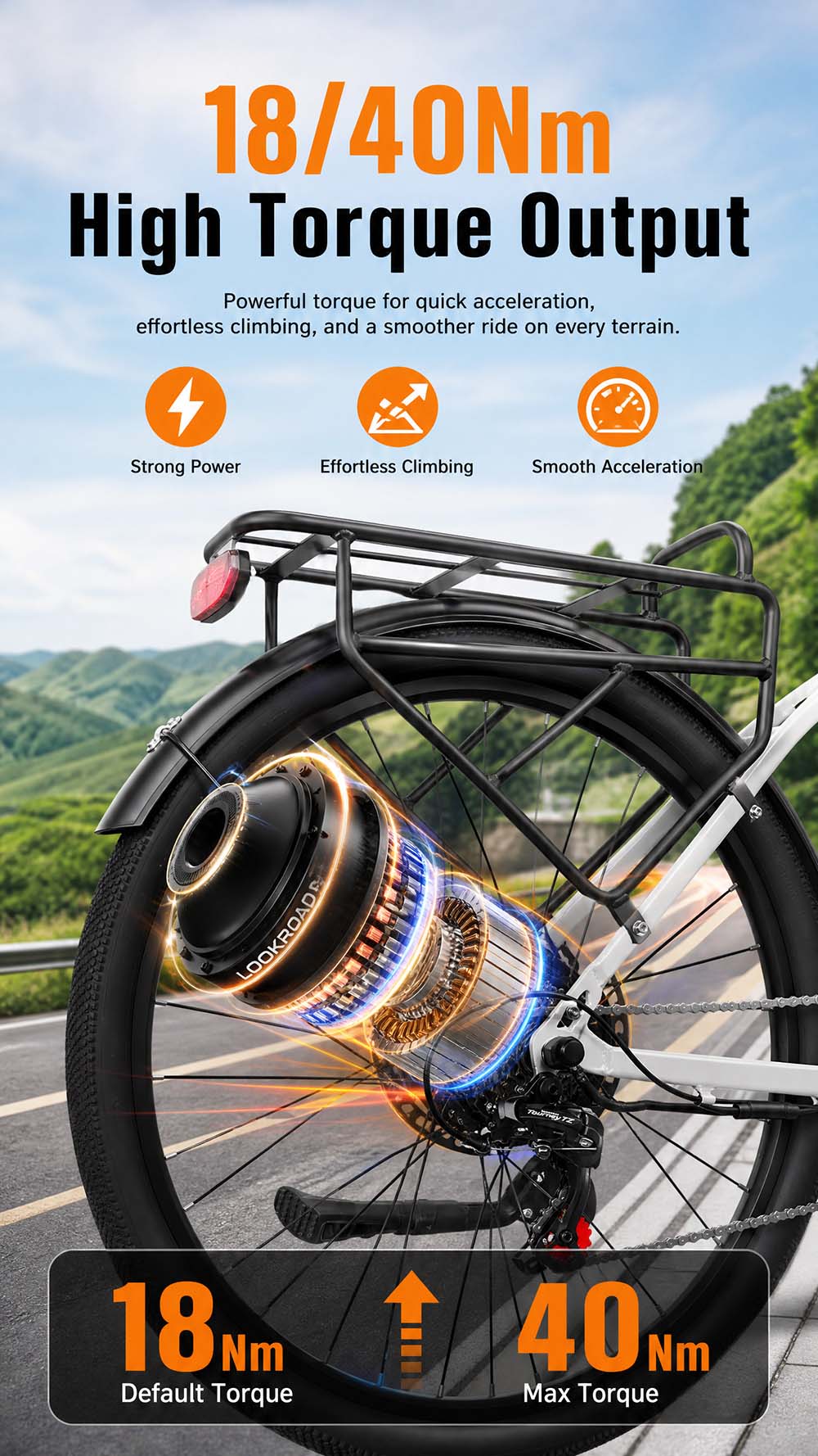 Vélo électrique LOOKROAD L28 MIN, moteur 500 W, vitesse maximale 35 km/h, batterie 36 V 18 Ah, autonomie 120 km, pneus 28 x 2,0 pouces, transmission Shimano 7 vitesses, capacité de franchissement de pentes jusqu'à 25°, freins à disque mécaniques avant et arrière - Gris