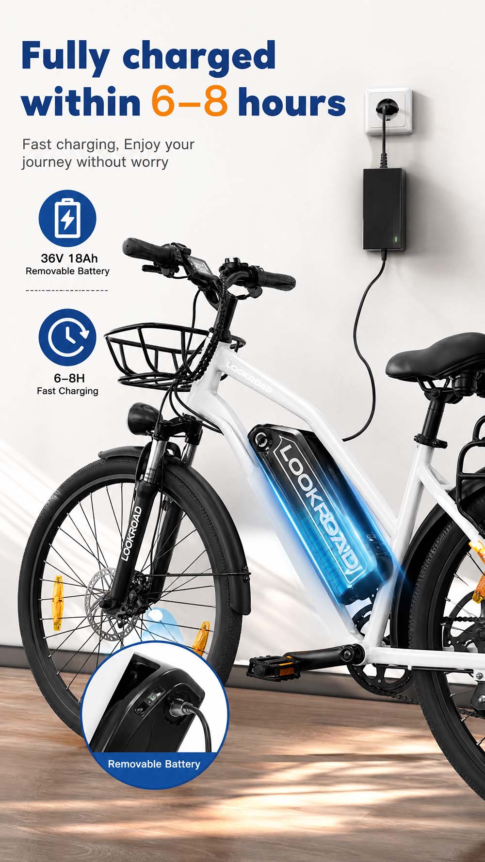 Vélo électrique LOOKROAD L28 MIN, moteur 500 W, vitesse maximale 35 km/h, batterie 36 V 18 Ah, autonomie 120 km, pneus 28 x 2,0 pouces, transmission Shimano 7 vitesses, capacité de franchissement de pentes jusqu'à 25°, freins à disque mécaniques avant et arrière - Gris