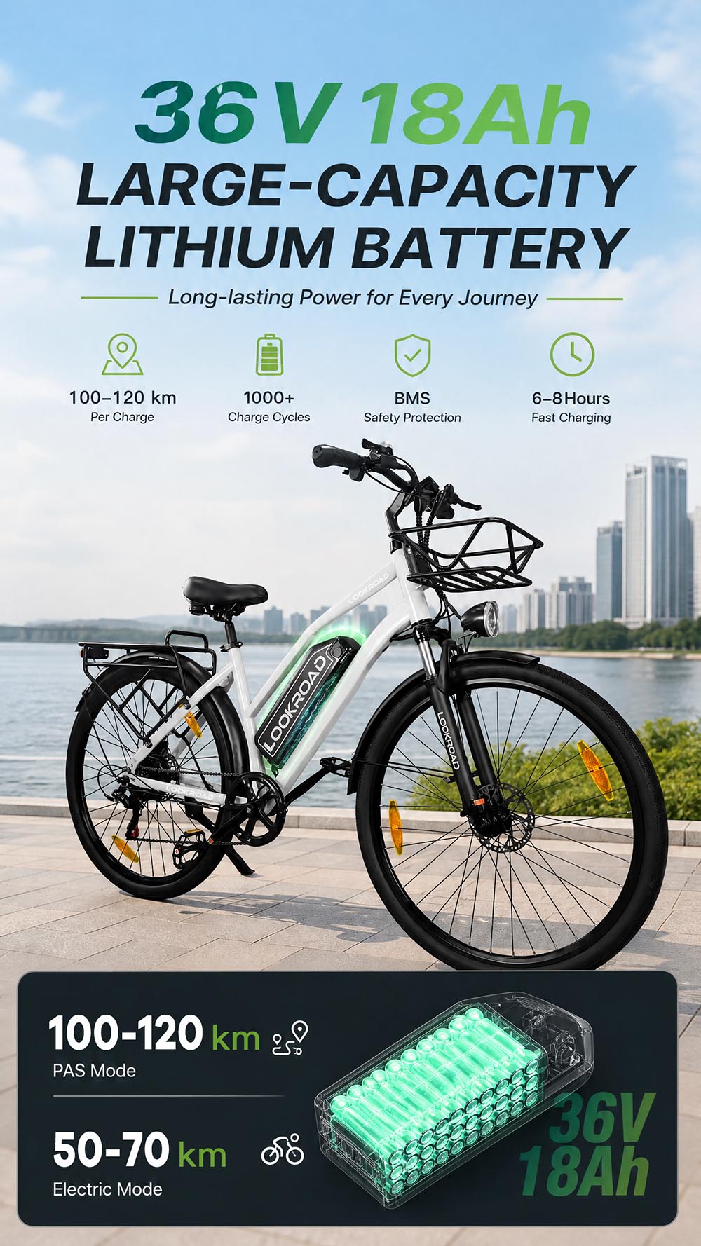 Vélo électrique LOOKROAD L28 MIN, moteur 500 W, vitesse maximale 35 km/h, batterie 36 V 18 Ah, autonomie 120 km, pneus 28 x 2,0 pouces, transmission Shimano 7 vitesses, capacité de franchissement de pentes jusqu'à 25°, freins à disque mécaniques avant et arrière - Gris