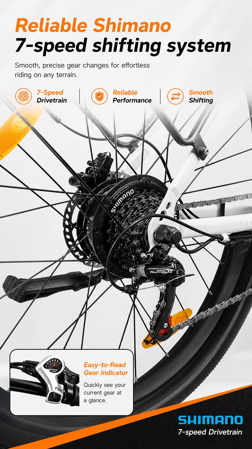 Vélo électrique LOOKROAD L28 MIN, moteur 500 W, vitesse maximale 35 km/h, batterie 36 V 18 Ah, autonomie 120 km, pneus 28 x 2,0 pouces, transmission Shimano 7 vitesses, capacité de franchissement de pentes jusqu'à 25°, freins à disque mécaniques avant et arrière - Gris