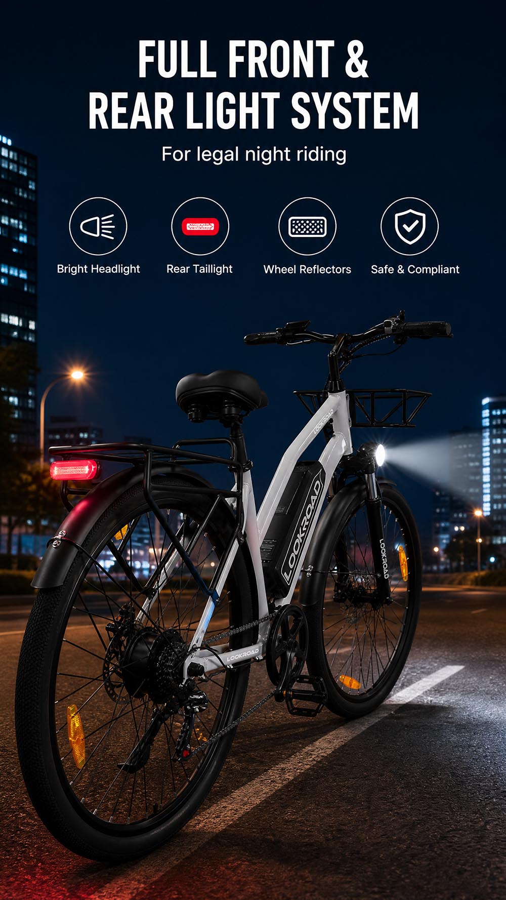 Vélo électrique LOOKROAD L28 MIN, moteur 500 W, vitesse maximale 35 km/h, batterie 36 V 18 Ah, autonomie 120 km, pneus 28 x 2,0 pouces, transmission Shimano 7 vitesses, capacité de franchissement de pentes jusqu'à 25°, freins à disque mécaniques avant et arrière - Gris