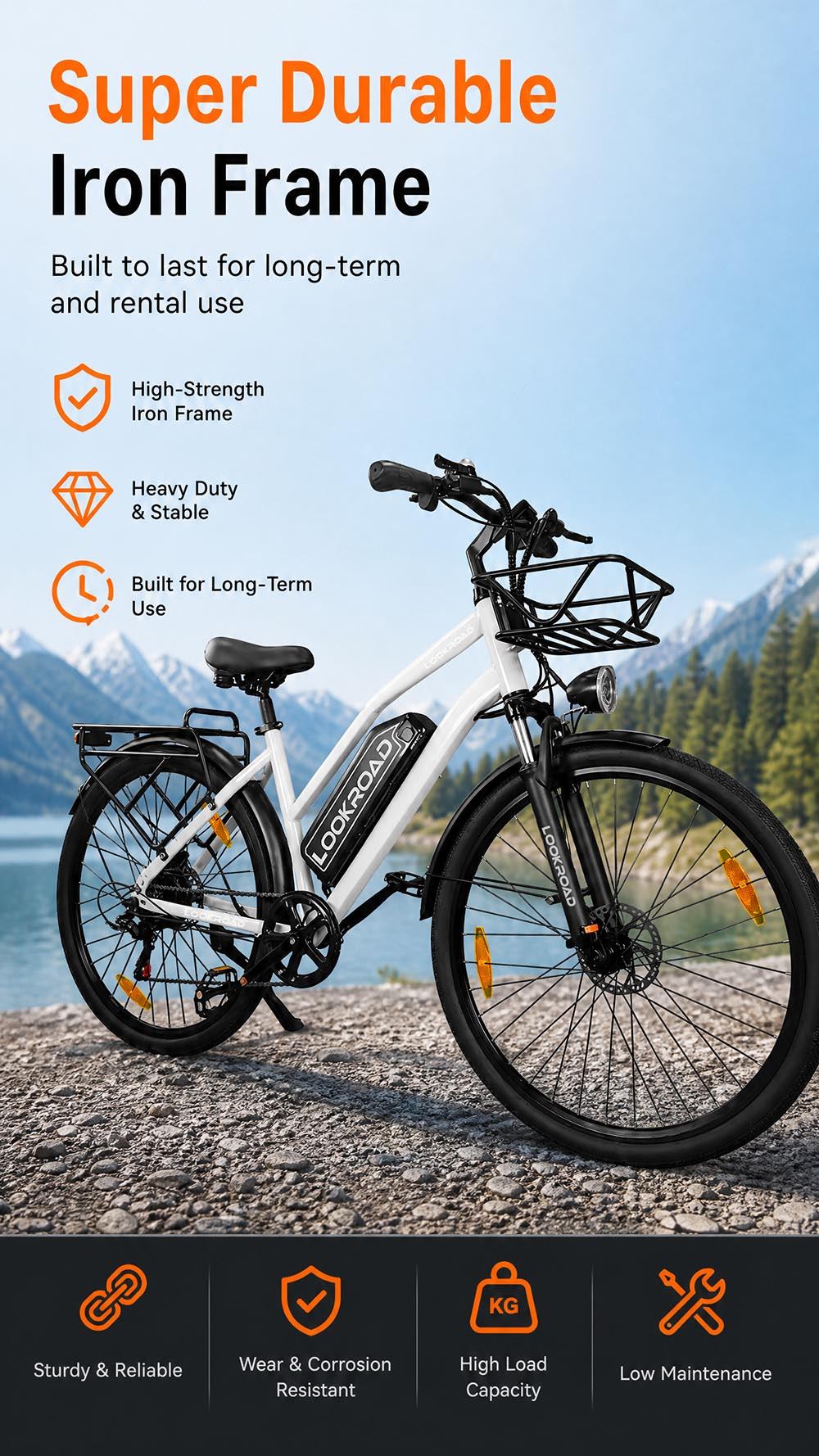 Vélo électrique LOOKROAD L28 MIN, moteur 500 W, vitesse maximale 35 km/h, batterie 36 V 18 Ah, autonomie 120 km, pneus 28 x 2,0 pouces, transmission Shimano 7 vitesses, capacité de franchissement de pentes jusqu'à 25°, freins à disque mécaniques avant et arrière - Gris