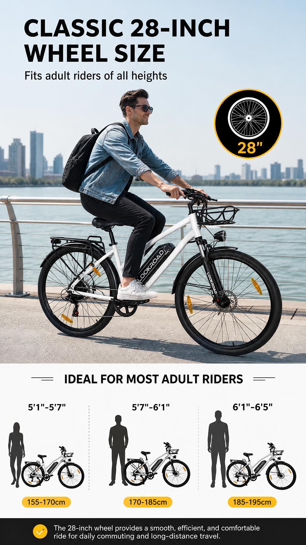 Vélo électrique LOOKROAD L28 MIN, moteur 500 W, vitesse maximale 35 km/h, batterie 36 V 18 Ah, autonomie 120 km, pneus 28 x 2,0 pouces, transmission Shimano 7 vitesses, capacité de franchissement de pentes jusqu'à 25°, freins à disque mécaniques avant et arrière - Gris