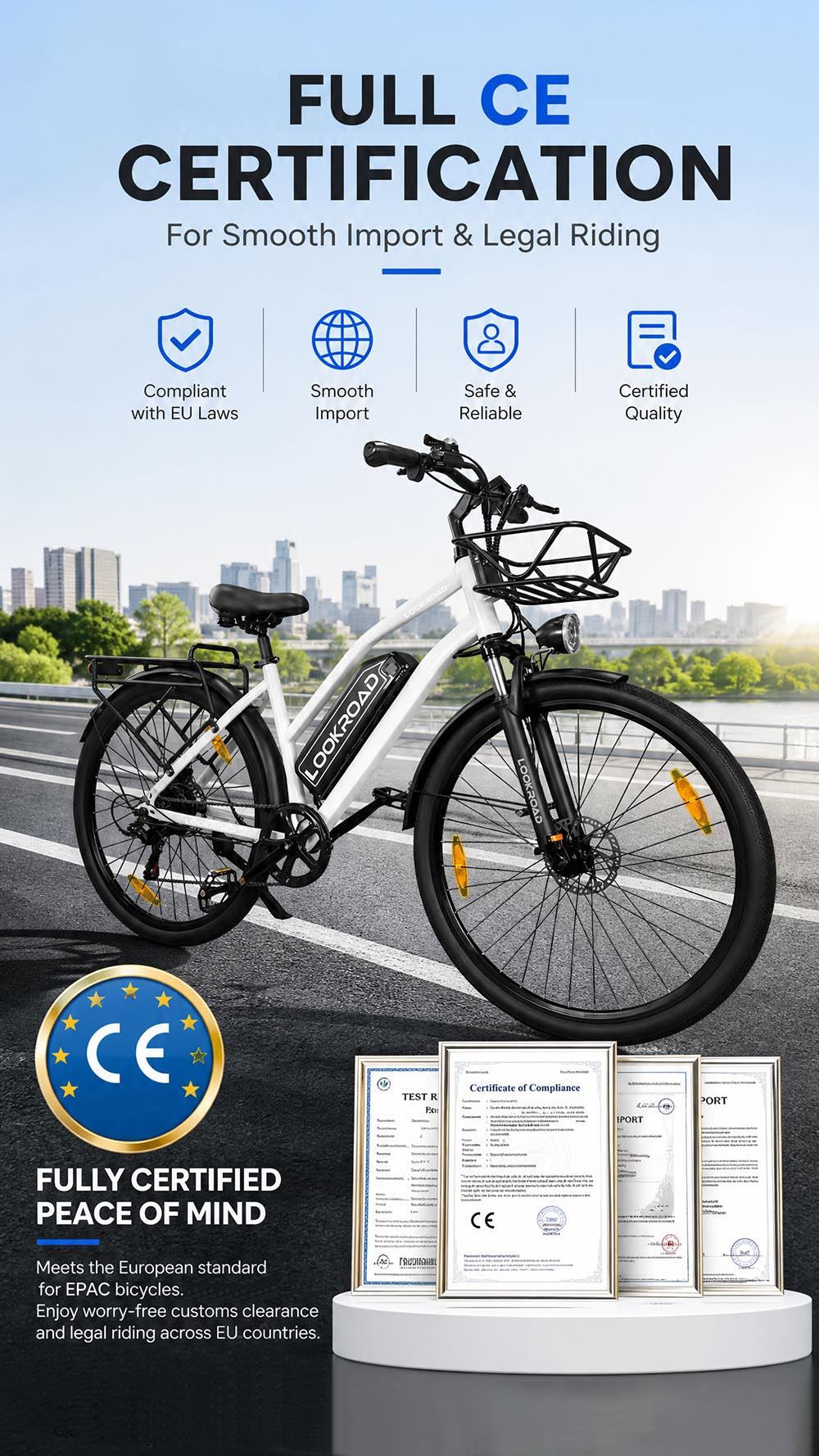 Vélo électrique LOOKROAD L28 MIN, moteur 500 W, vitesse maximale 35 km/h, batterie 36 V 18 Ah, autonomie 120 km, pneus 28 x 2,0 pouces, transmission Shimano 7 vitesses, capacité de franchissement de pentes jusqu'à 25°, freins à disque mécaniques avant et arrière - Gris