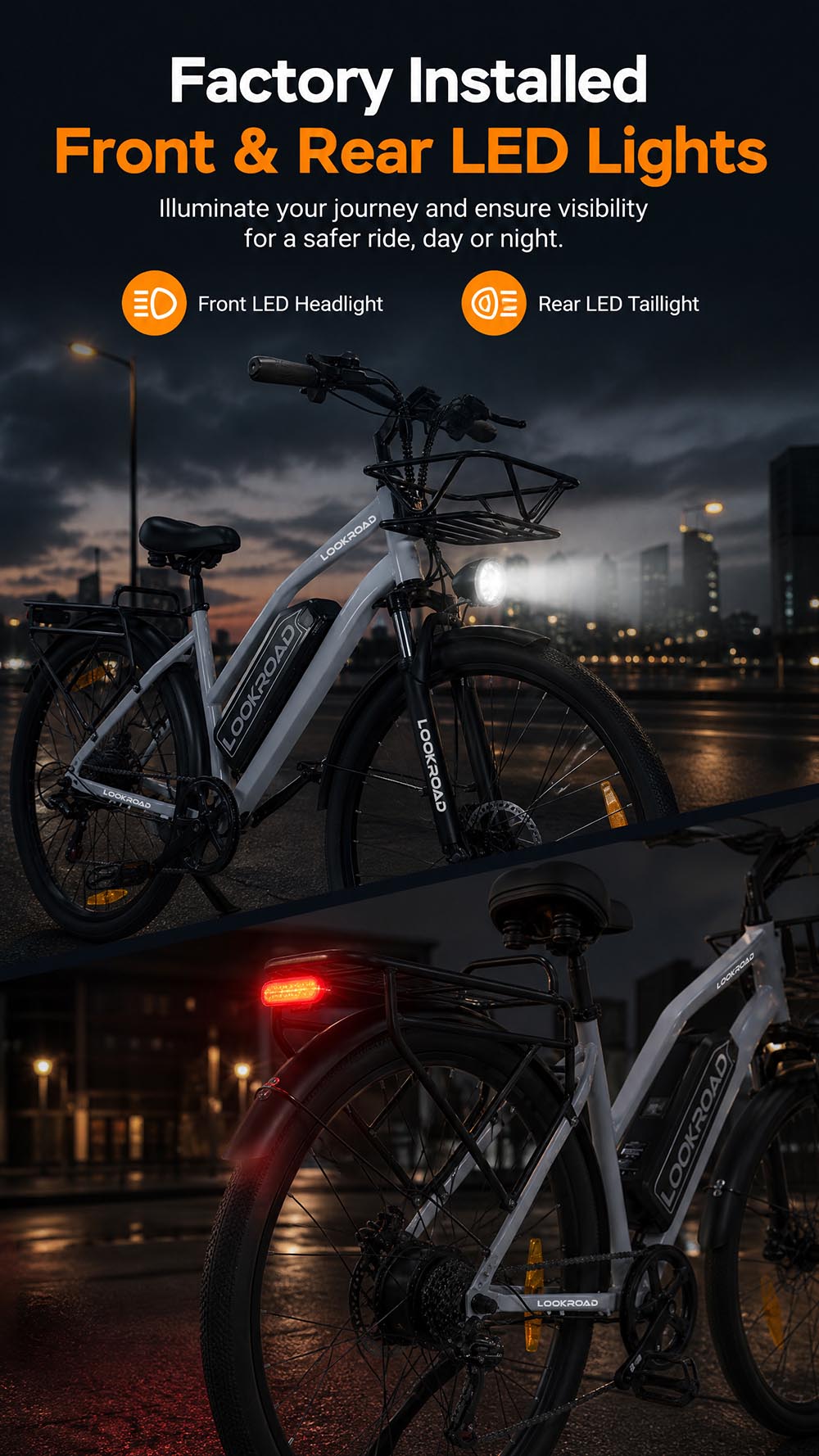 Vélo électrique LOOKROAD L28 MIN, moteur 500 W, vitesse maximale 35 km/h, batterie 36 V 18 Ah, autonomie 120 km, pneus 28 x 2,0 pouces, transmission Shimano 7 vitesses, capacité de franchissement de pentes jusqu'à 25°, freins à disque mécaniques avant et arrière - Gris