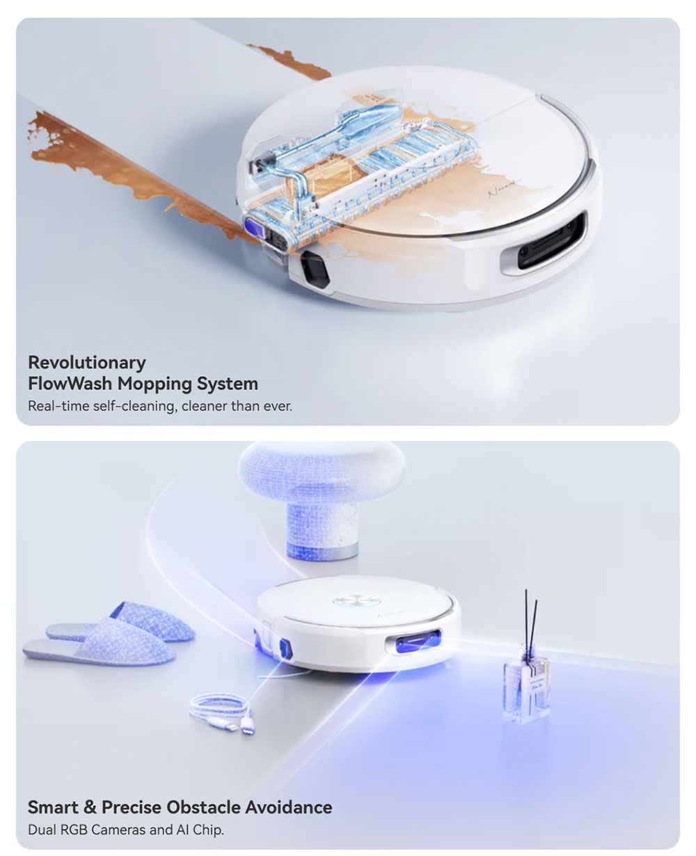 Refurbished Narwal Flow Robot Vacuum Cleaner 22000Pa Hyper Suction, Real-Time Self-Cleaning, AI-Powered Obstacle Avoidance, Ideal for Pet Hair and Hard Floor - White