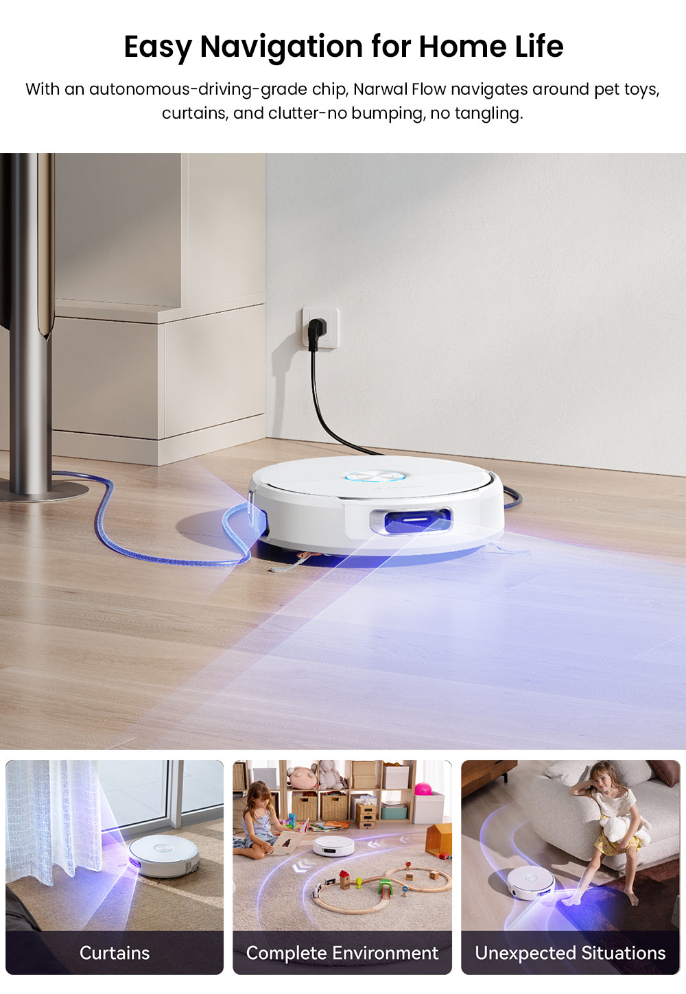 Refurbished Narwal Flow Robot Vacuum Cleaner 22000Pa Hyper Suction, Real-Time Self-Cleaning, AI-Powered Obstacle Avoidance, Ideal for Pet Hair and Hard Floor - White