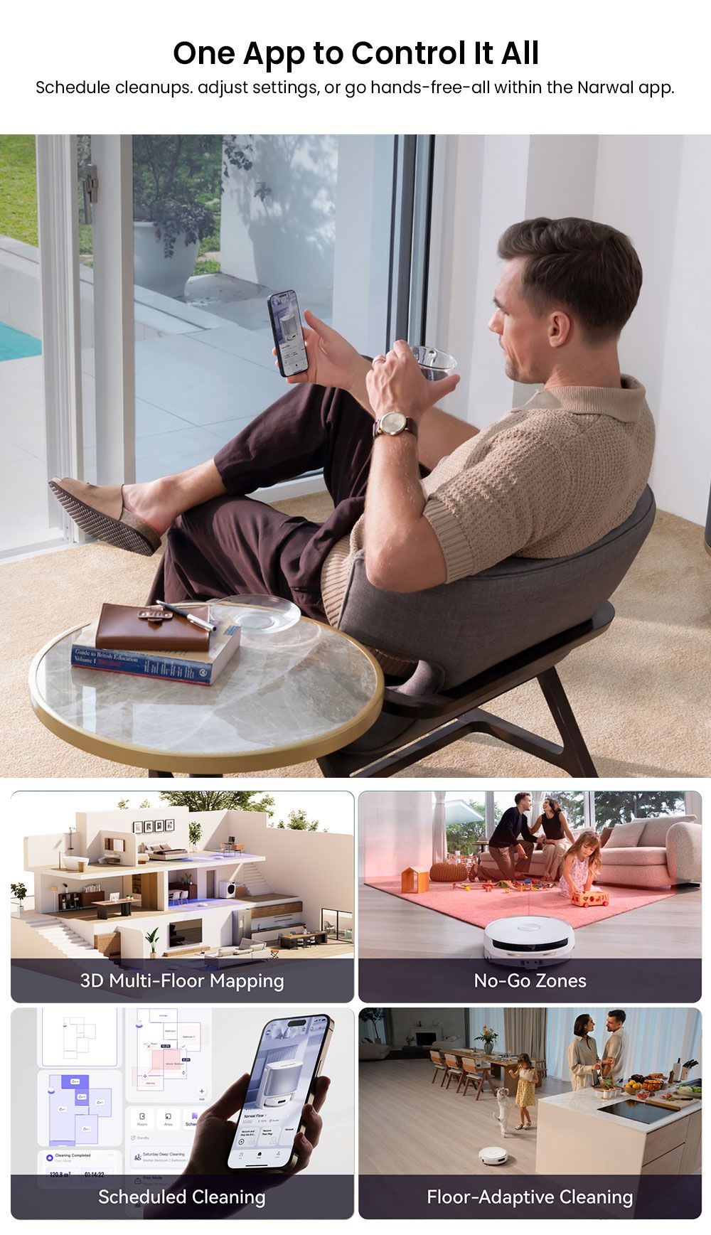 Refurbished Narwal Flow Robot Vacuum Cleaner 22000Pa Hyper Suction, Real-Time Self-Cleaning, AI-Powered Obstacle Avoidance, Ideal for Pet Hair and Hard Floor - White