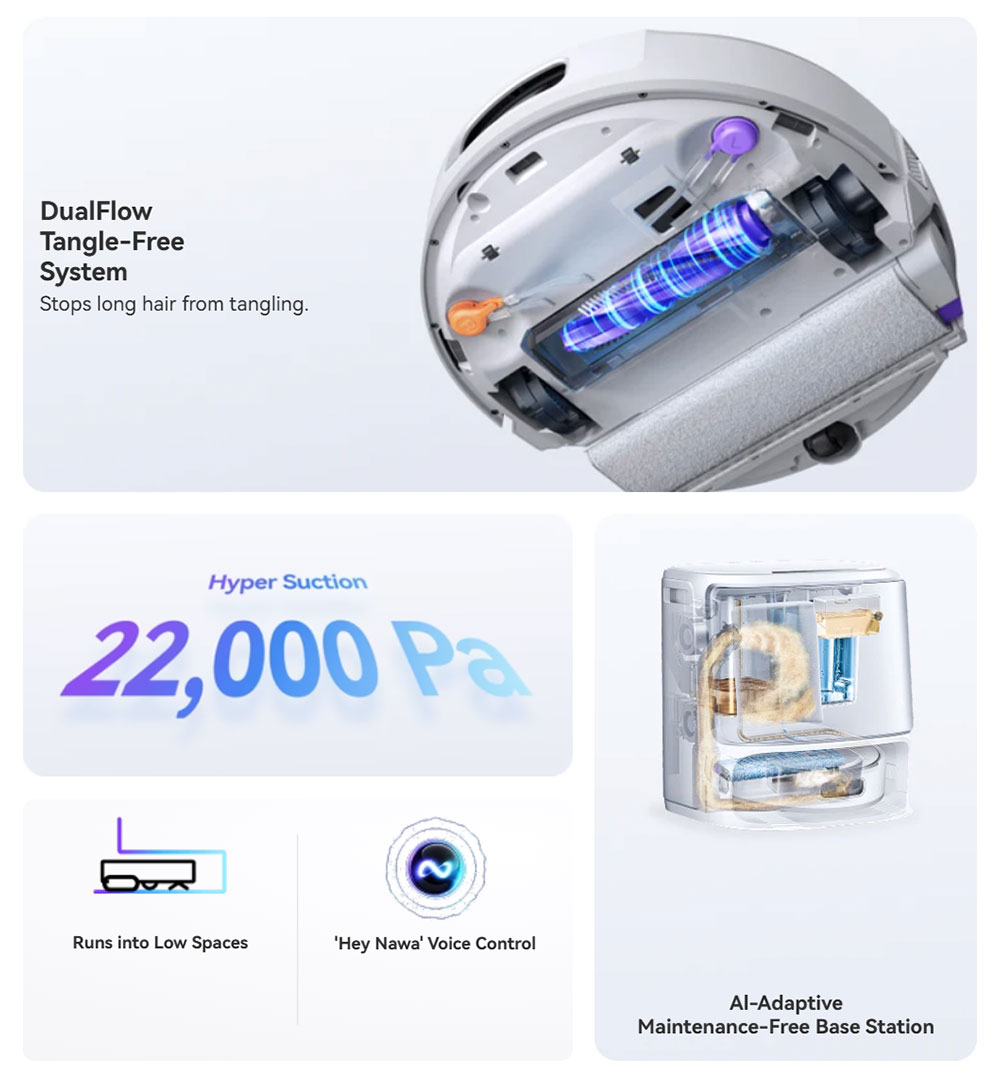Refurbished Narwal Flow Robot Vacuum Cleaner 22000Pa Hyper Suction, Real-Time Self-Cleaning, AI-Powered Obstacle Avoidance, Ideal for Pet Hair and Hard Floor - White