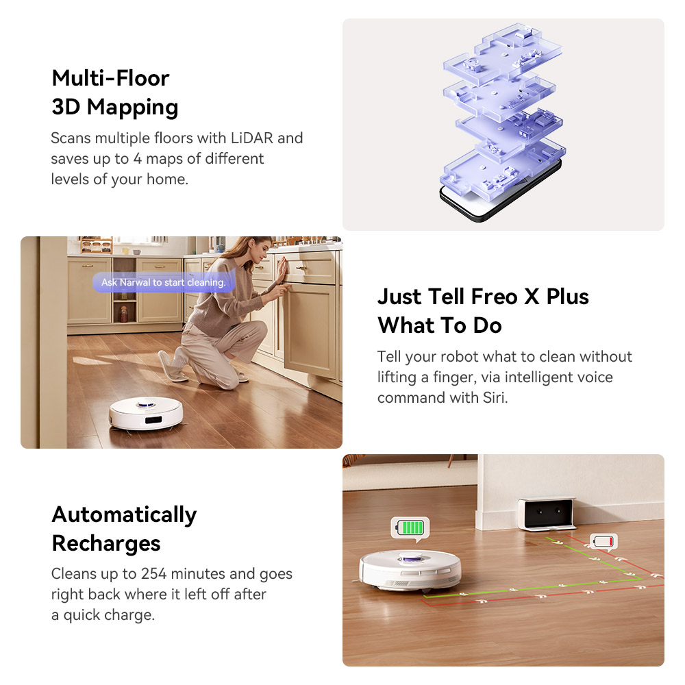 Refurbished Narwal Freo X Plus Robot Vacuum Cleaner, 7800Pa Suction, 210min Runtime, Tri-Laser Structured Light, Zero-Tangling Floating Brush, 1L Dust Bin, 280ml Water Tank